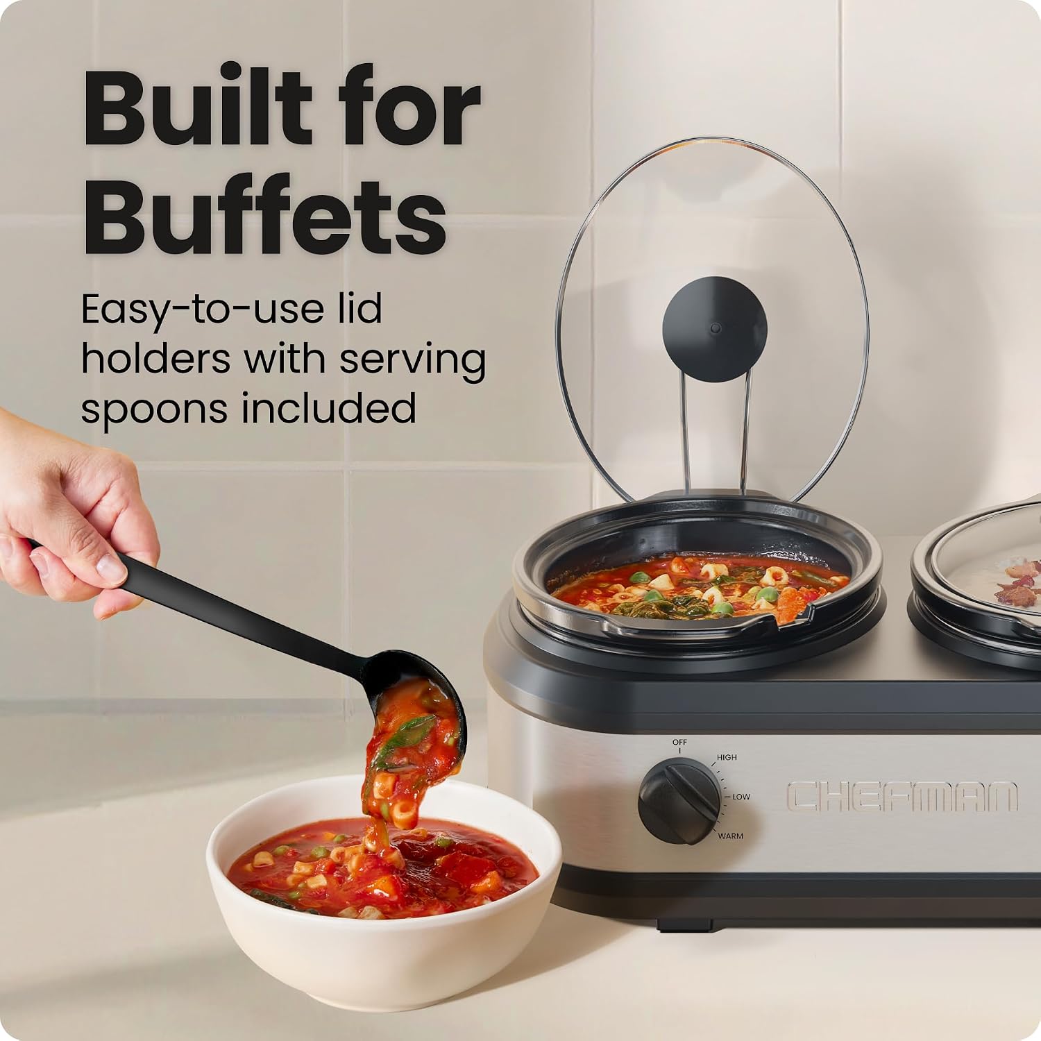 Chefman Triple Slow Cooker & Food Warmer, Three Crock Slowcooker with 2.5 Qt. Ceramic Crocks, 7.5-Quart Total Capacity, PFAS-Free, Three Temperature Settings, Dishwasher-Safe Parts – Stainless Steel