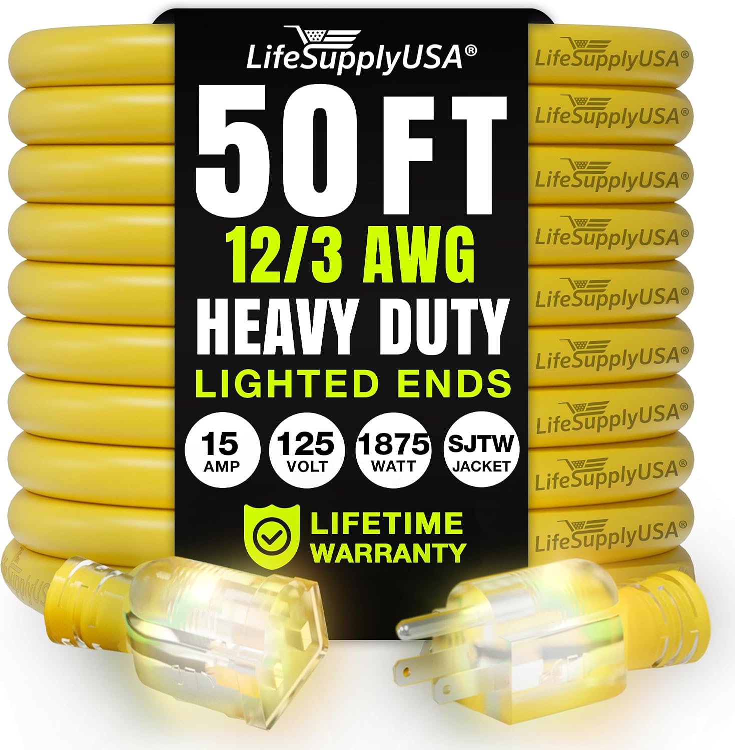 25ft Outdoor/Indoor Extension Cord 12/3 Gauge Extra Heavy Duty 3 Prong SJTW, Waterproof, Flexible Cold-Resistant Long Power Cord,15A 125V 1875W, Yellow by LifeSupplyUSA