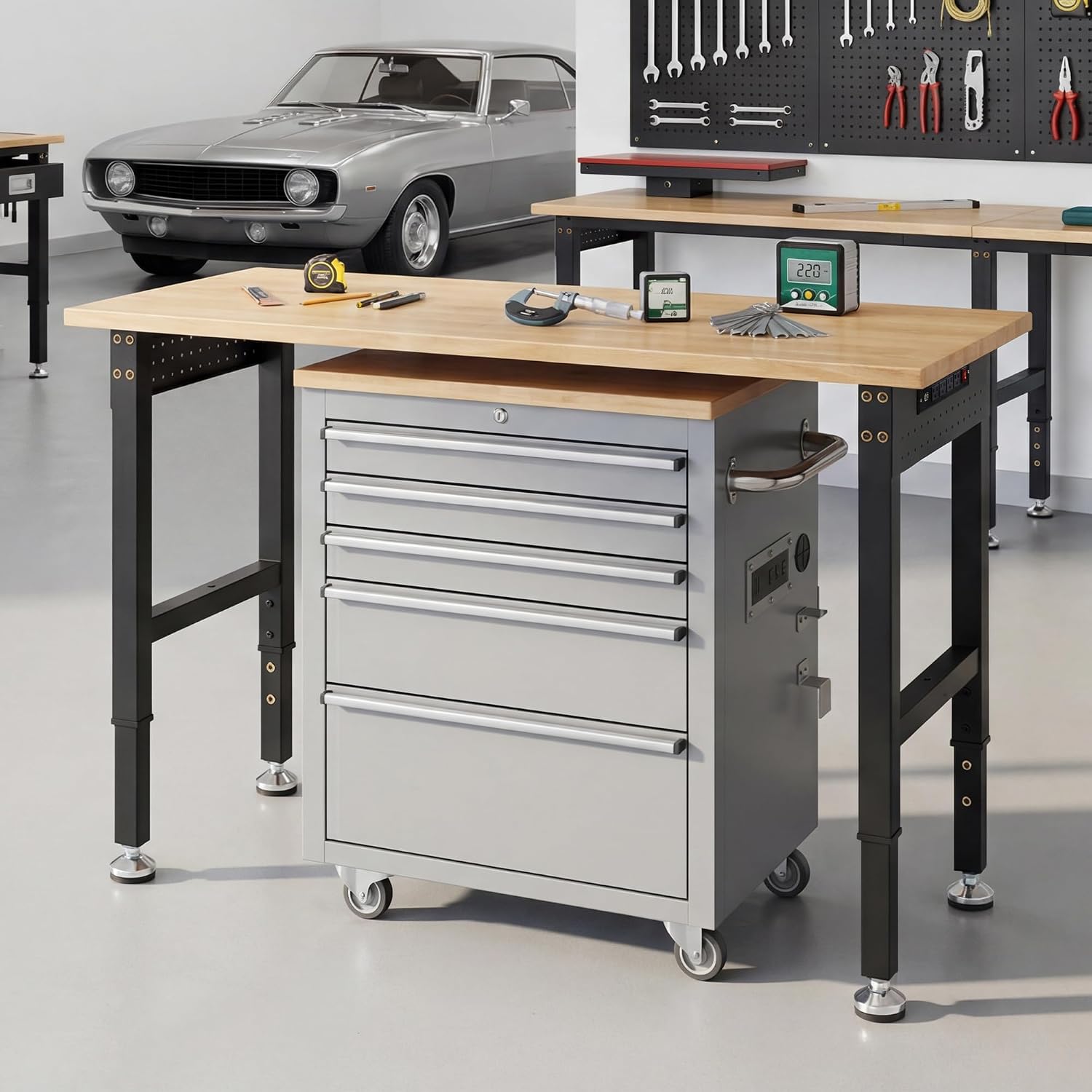 SPECRAFT Adjustable Black Heavy-Duty Workbench | 2000 Lbs Capacity, Rubber Wood Top, 4 AC Outlets and 2 USB Ports, for Garage, Workshop and Office