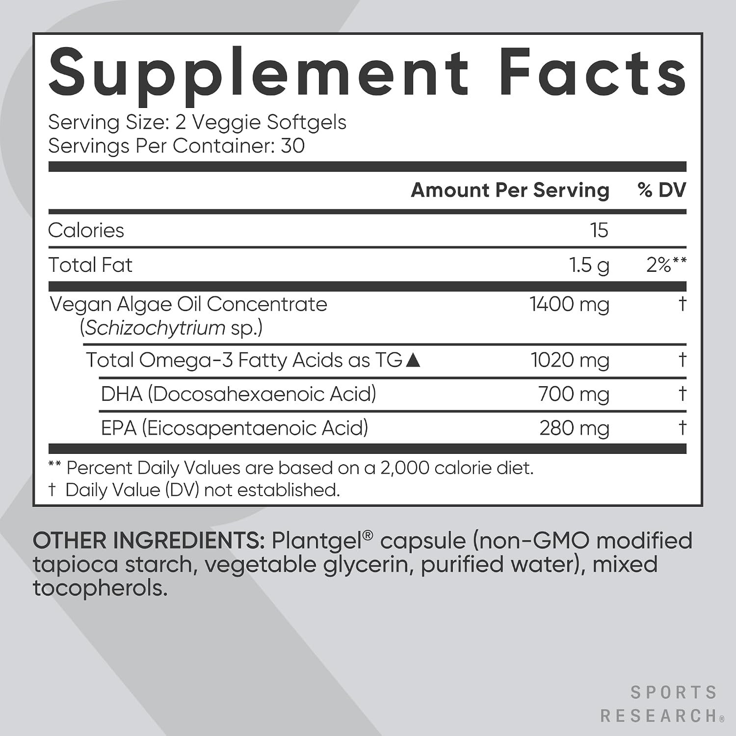 Sports Research® Vegan Omega-3 Algae Oil 1040mg, 60 Count Plantgels™