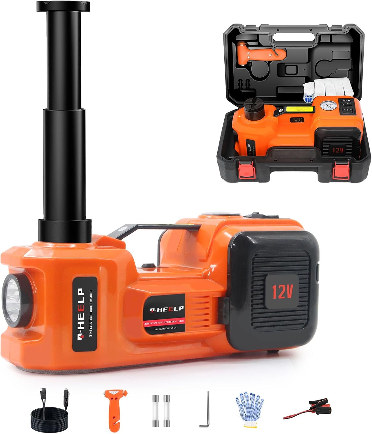 E-HEELP Electric Car Jack Kit 5 Ton 12V with Impact Wrench, 6.1-17.7 in