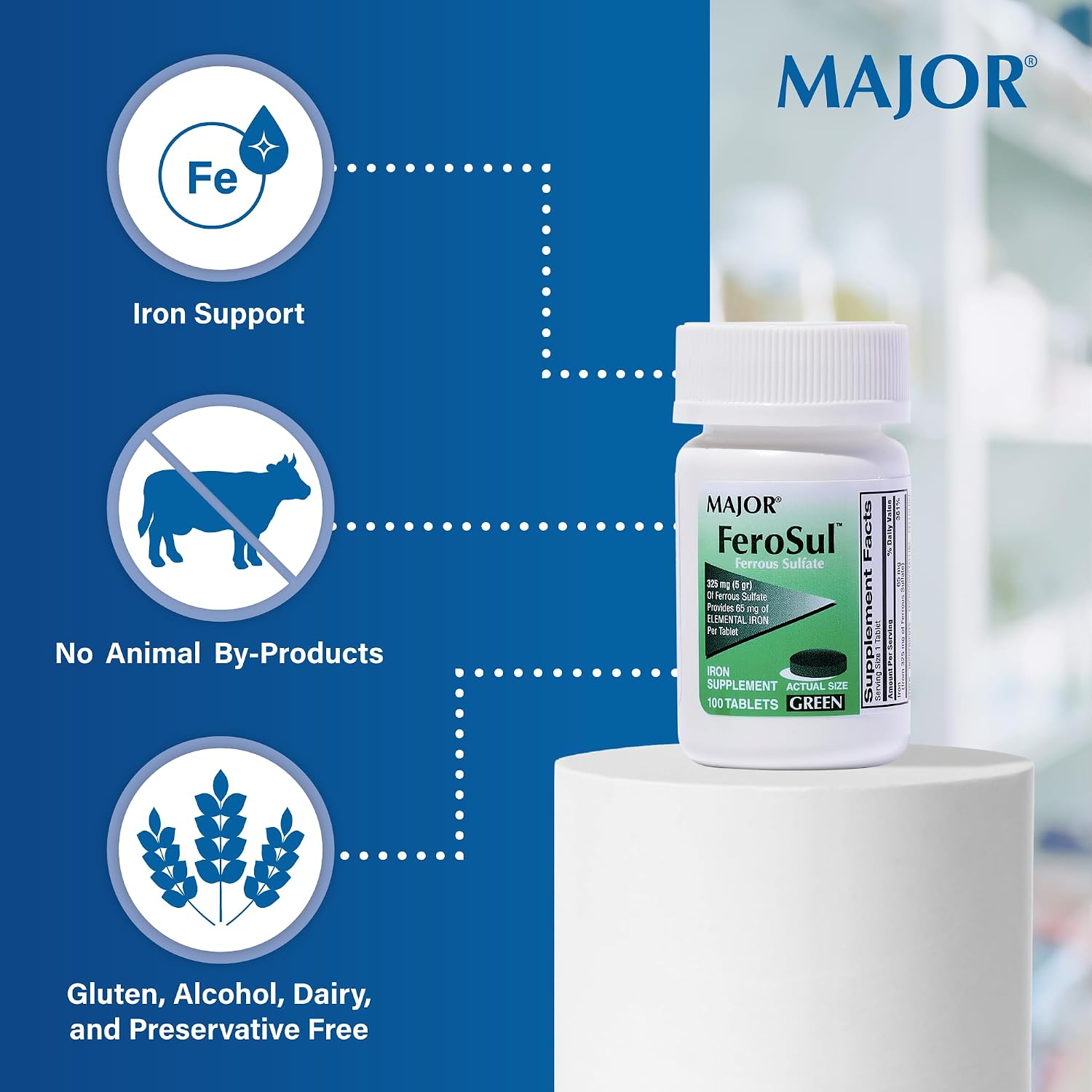 Major Ferosul - Ferrous Sulfate 325mg Tablets with 65mg of Elemental Iron - Iron Supplement for Women, Men - Green - 100 Count (3 Pack)