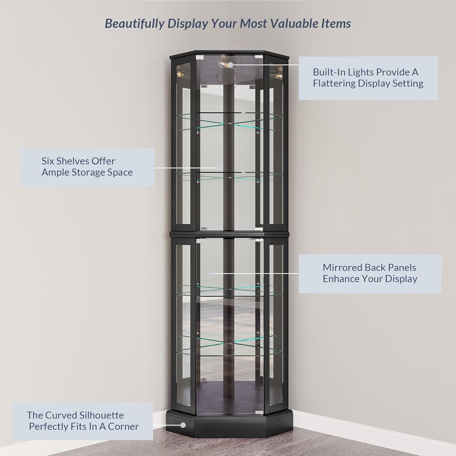 BELLEZE Lighted Corner Display Curio Cabinet Wooden Curved Shelving Unit with Tempered Glass Door
