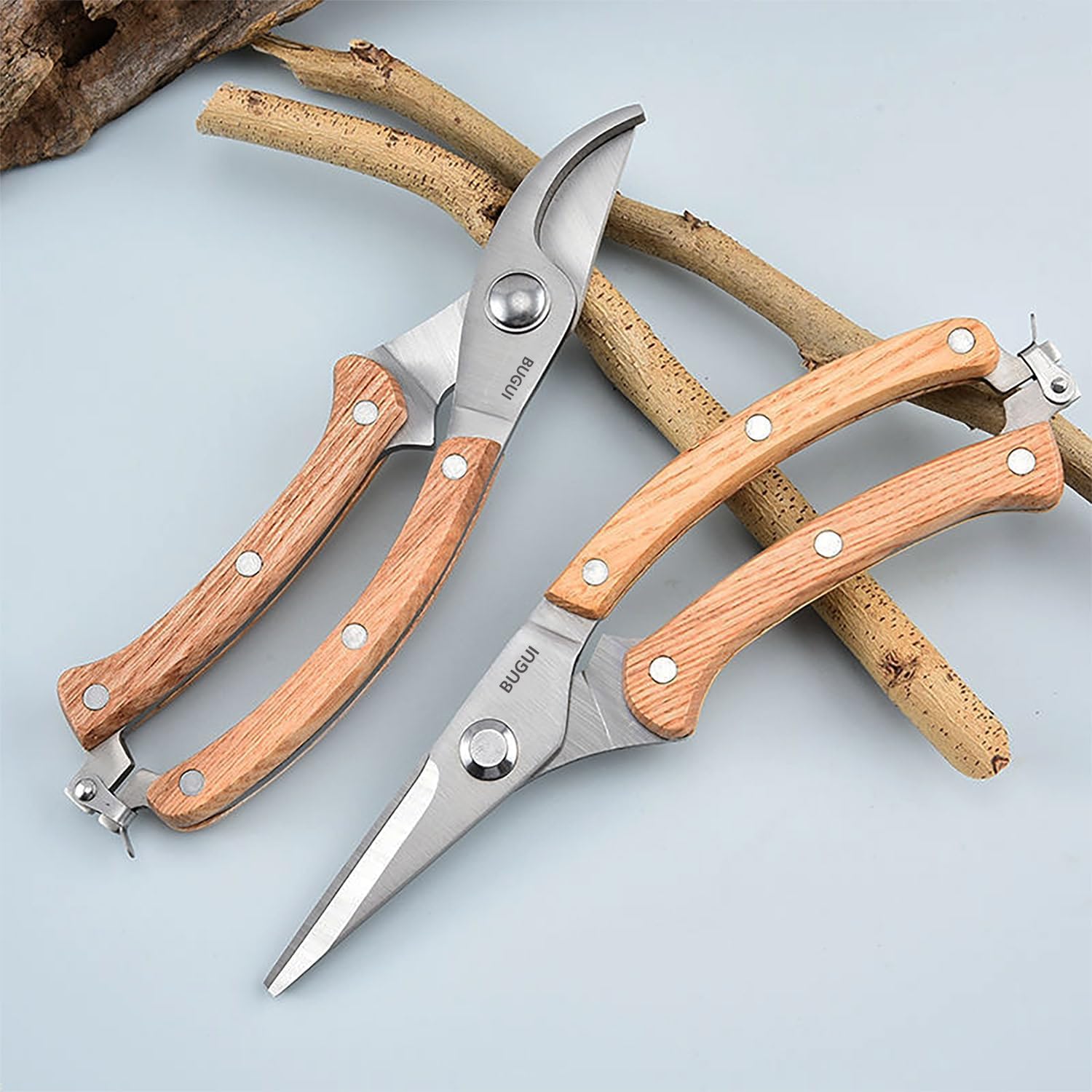BUGUI Wood Handle Pruning Shears, SK-5 Steel Blade, 1-inch Cutting Capacity, Sharp, Well Designed Garden Shears, 8"