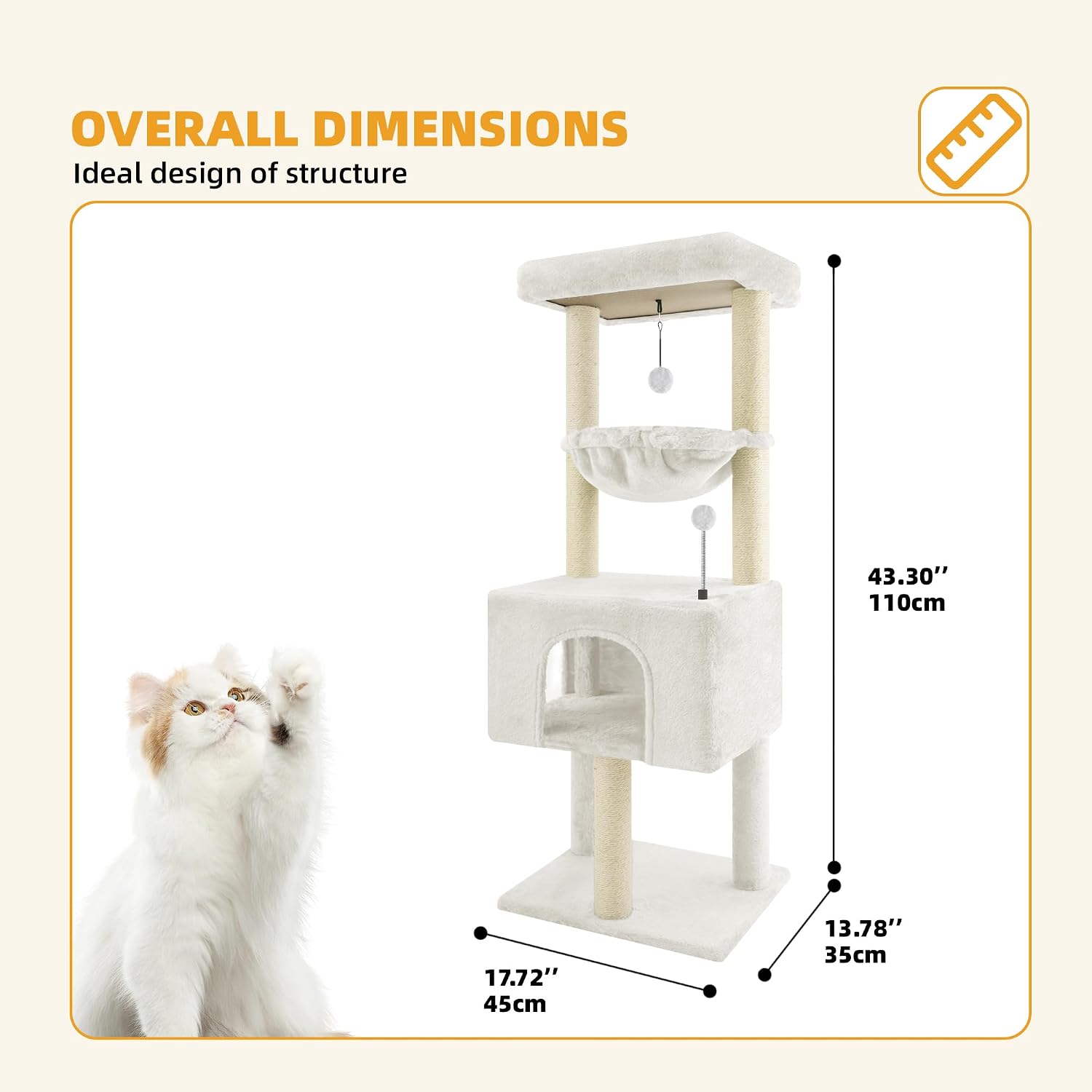 32" Cat Tree for Indoor Cats, 2-in-1 Cat House with Sisal Scratching Post & Ramp, 2-Level Cat Tower with Rotatable Feather & Ball Toys, Stable Grey Cat Condo for Small/Medium Cats, Grey