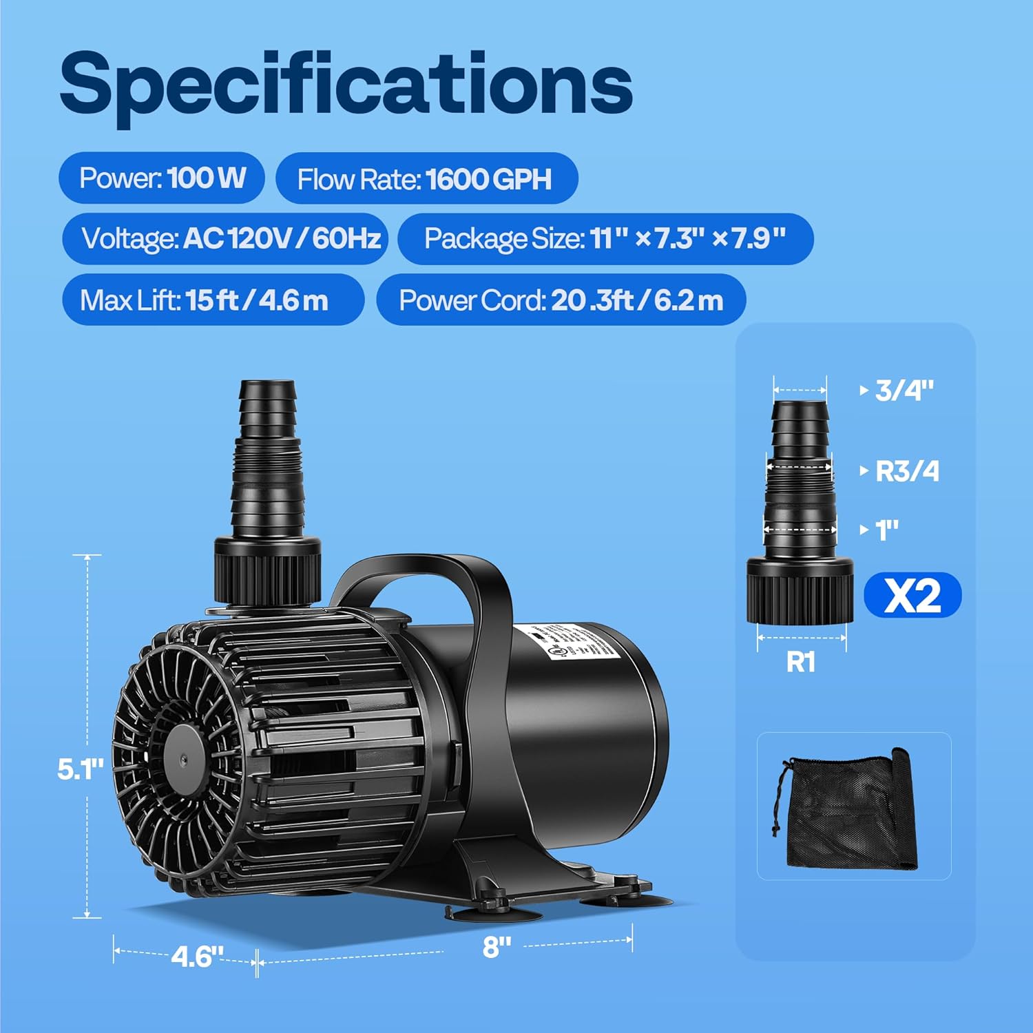 VIVOHOME 100W Pond Pump, 1600GPH Submersible Water Pump for Koi Pond