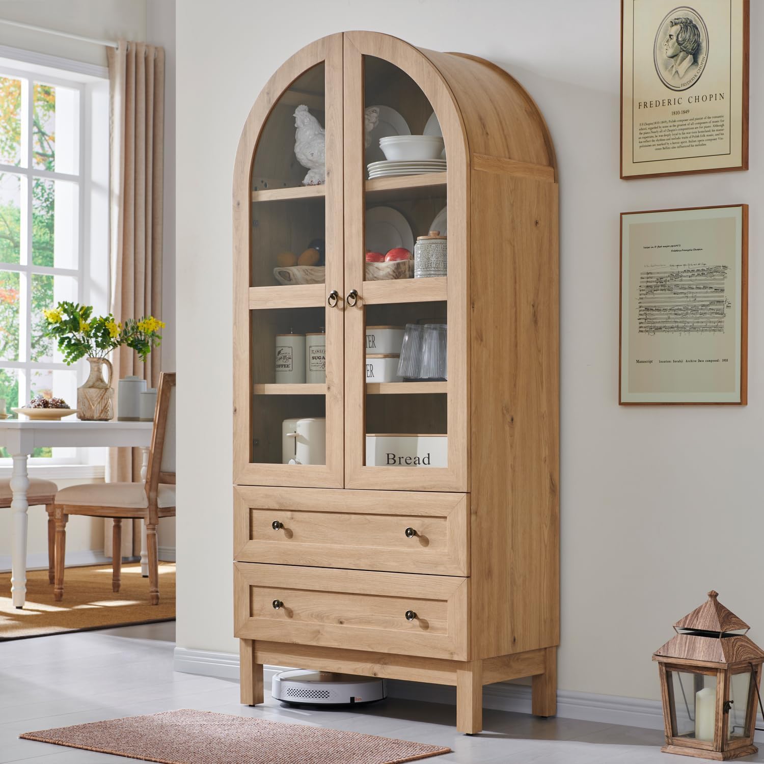 IFGET 71" Tall Arched Kitchen Pantry, Modern Farmhouse Wood Kitchens Storage Cabinets with 2 Large Drawers and Adjustable Shelves, Versatile Cupboard for Kitchen, Dining Room, Bathroom, Natrual