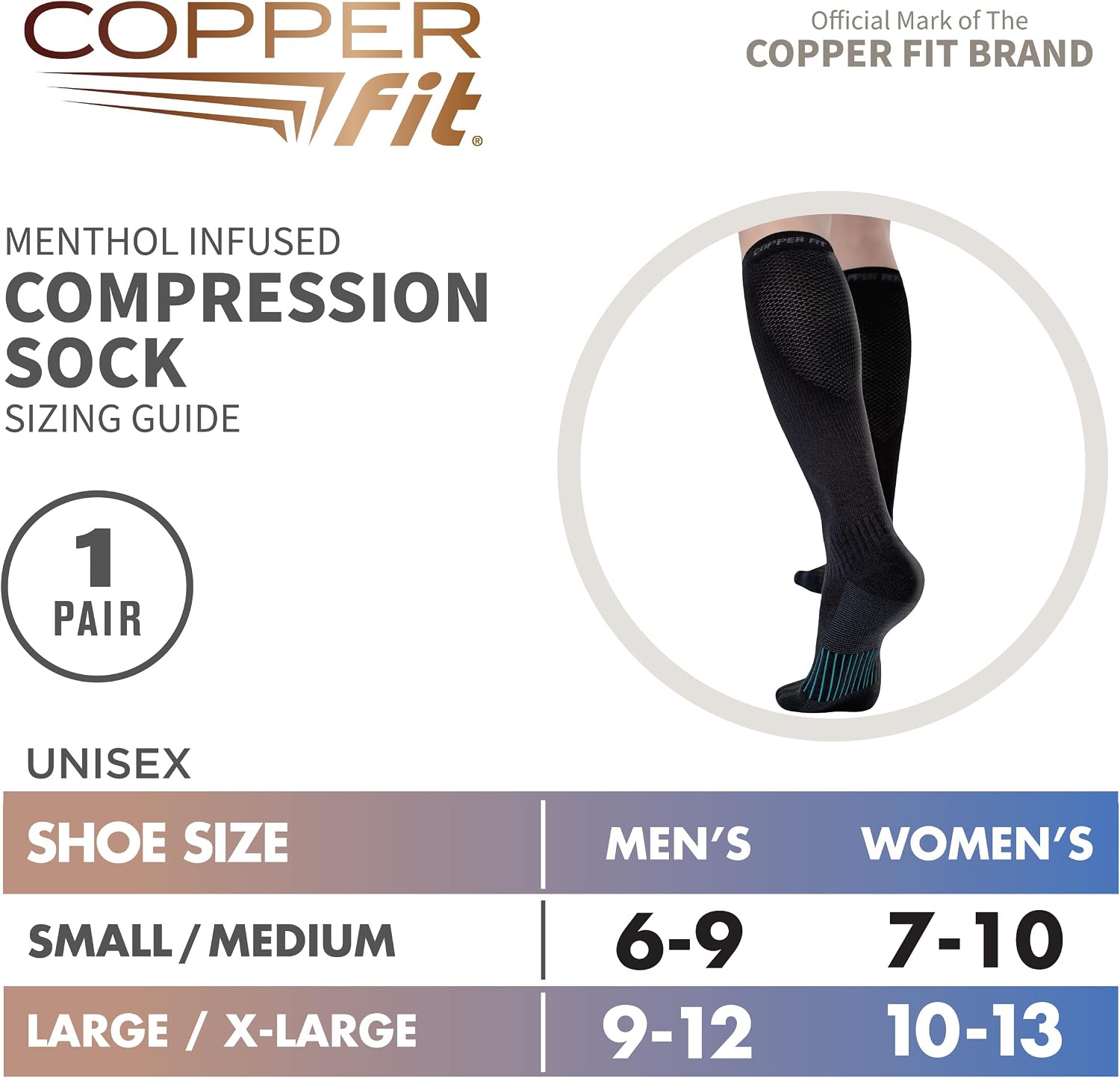 Copper Fit womens Ice Menthol Infused Compression Socks, Black, Large-X-Large US