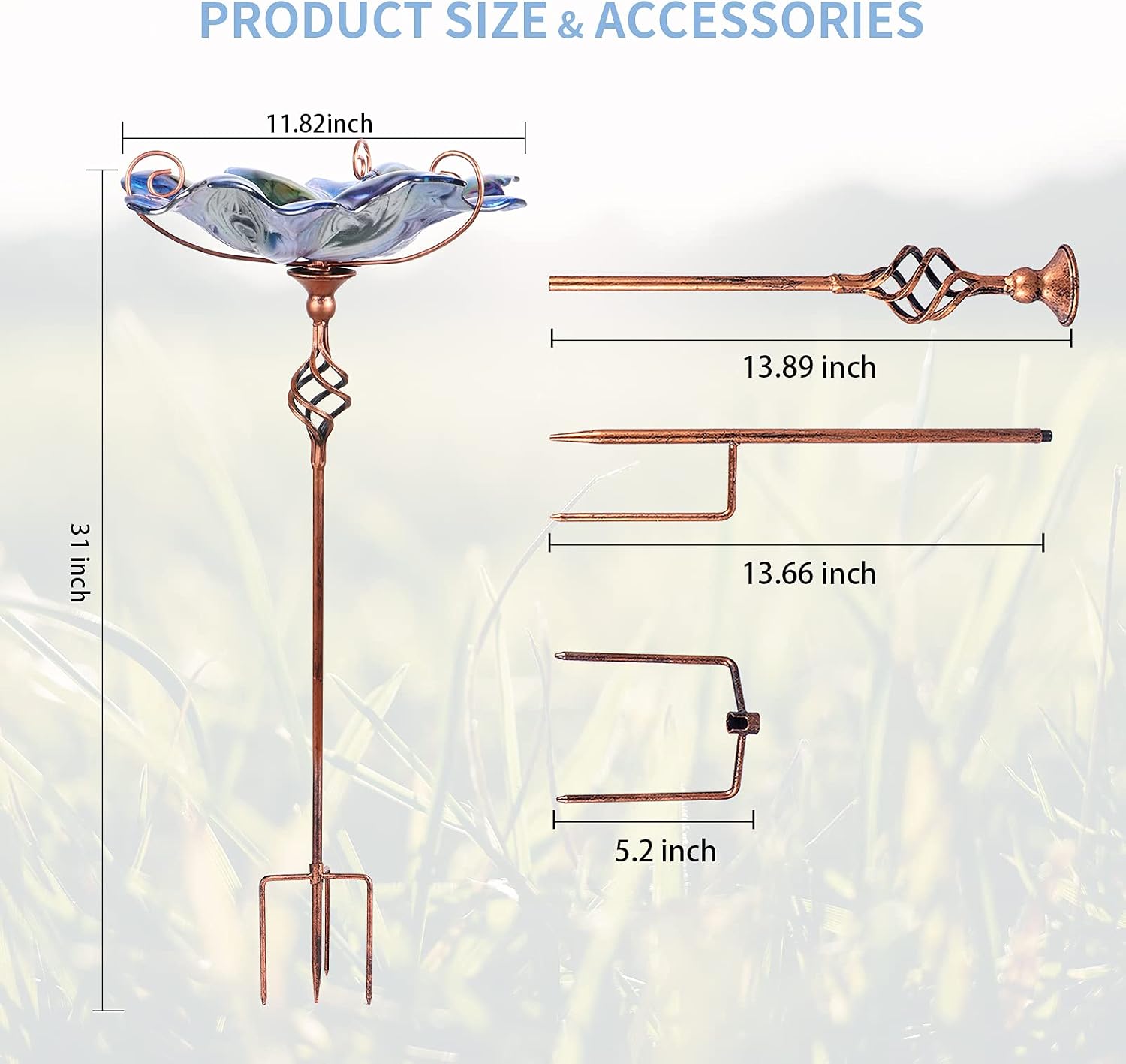 VCUTEKA Glass Bird Bath Outdoor Birdfeeder with Metal Stake Garden Decor
