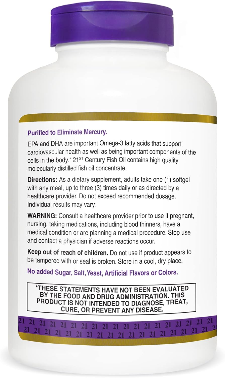 21st Century Fish Oil 1000mg Omega-3 Softgels, Mercury-Filtered, 120ct | Omega-3 Fish Oil with 300 mg EPA & DHA, Heart & Cardiovascular Health Support, Gluten Free, Non-GMO
