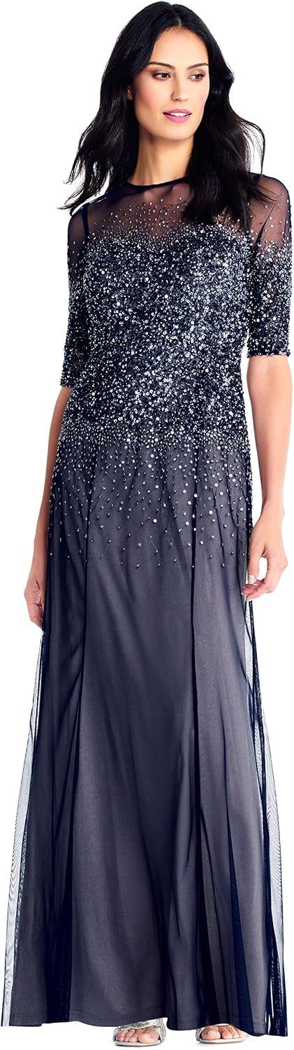 Adrianna Papell Women's Beaded Illusion Dress | Long Sequin Evening Dress with Fitted Bodice & Tulle Skirt Overlay