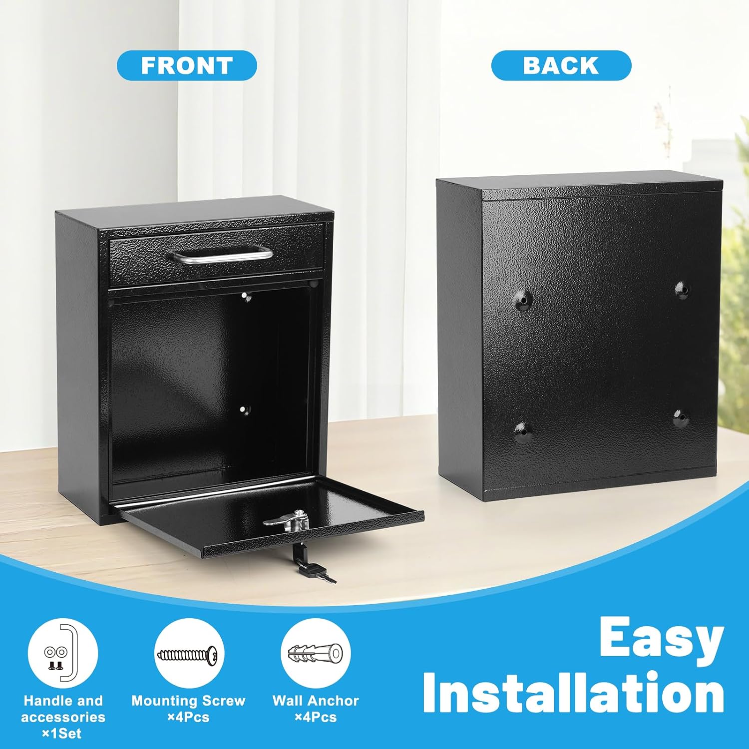 KYODOLED Steel Key Lock Mail Boxes Outdoor, Locking Wall Mount Mailbox, Security Lock Drop Box, Collection Boxes for Home, Office or Commercial,16.2H x 11.2L x 4.6W Inches, Black X Large