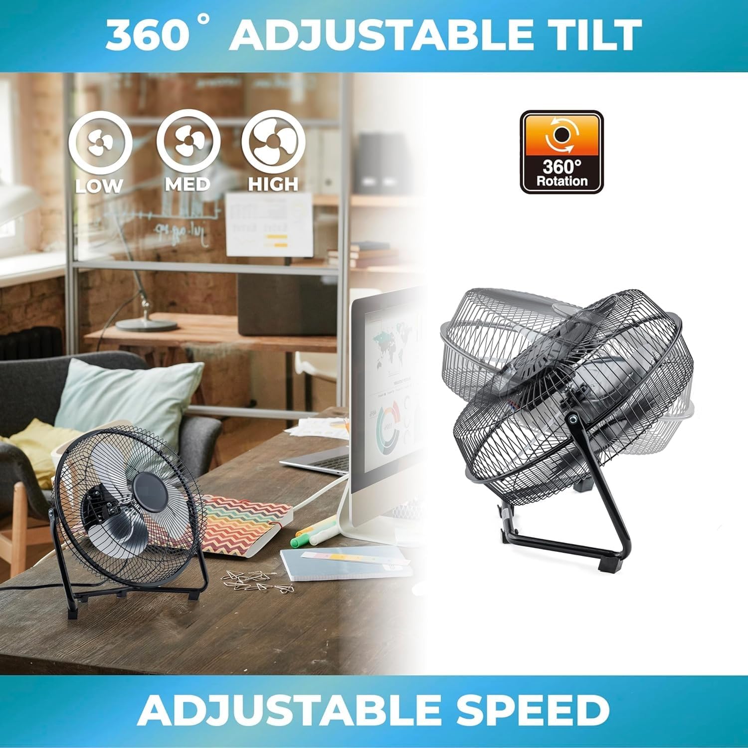 EZ-CHILL 12” Cradle Floor Fan, 3 Speed, High Velocity, 180 Degree Adjustable Tilt, All-Metal, Carry Handle, Rubber Feet, Airflow 15.42 ft/sec, Ideal for Home, Bedroom & Office, Black