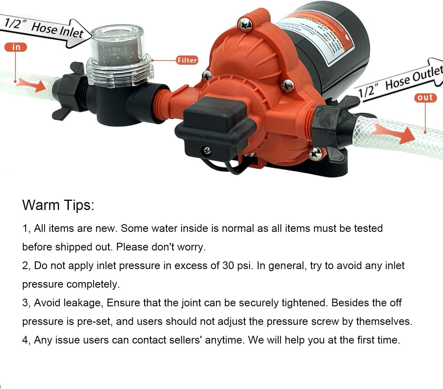 RV Fresh Water Diaphragm Pump 12 Volt DC 4.0 GPM 50PSI