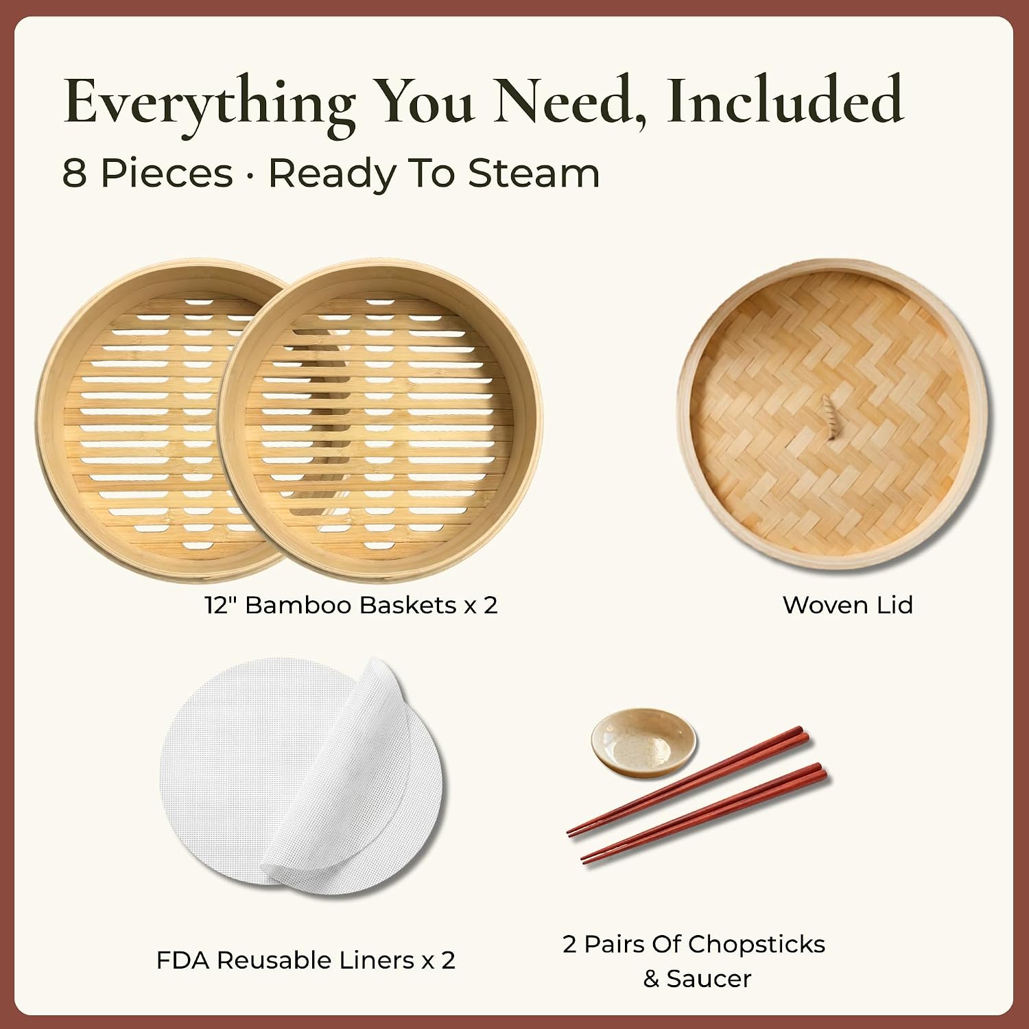 HAPPI STUDIO Bamboo Steamer Basket 10 Inch, Extra Deep Dumpling Steamer Set