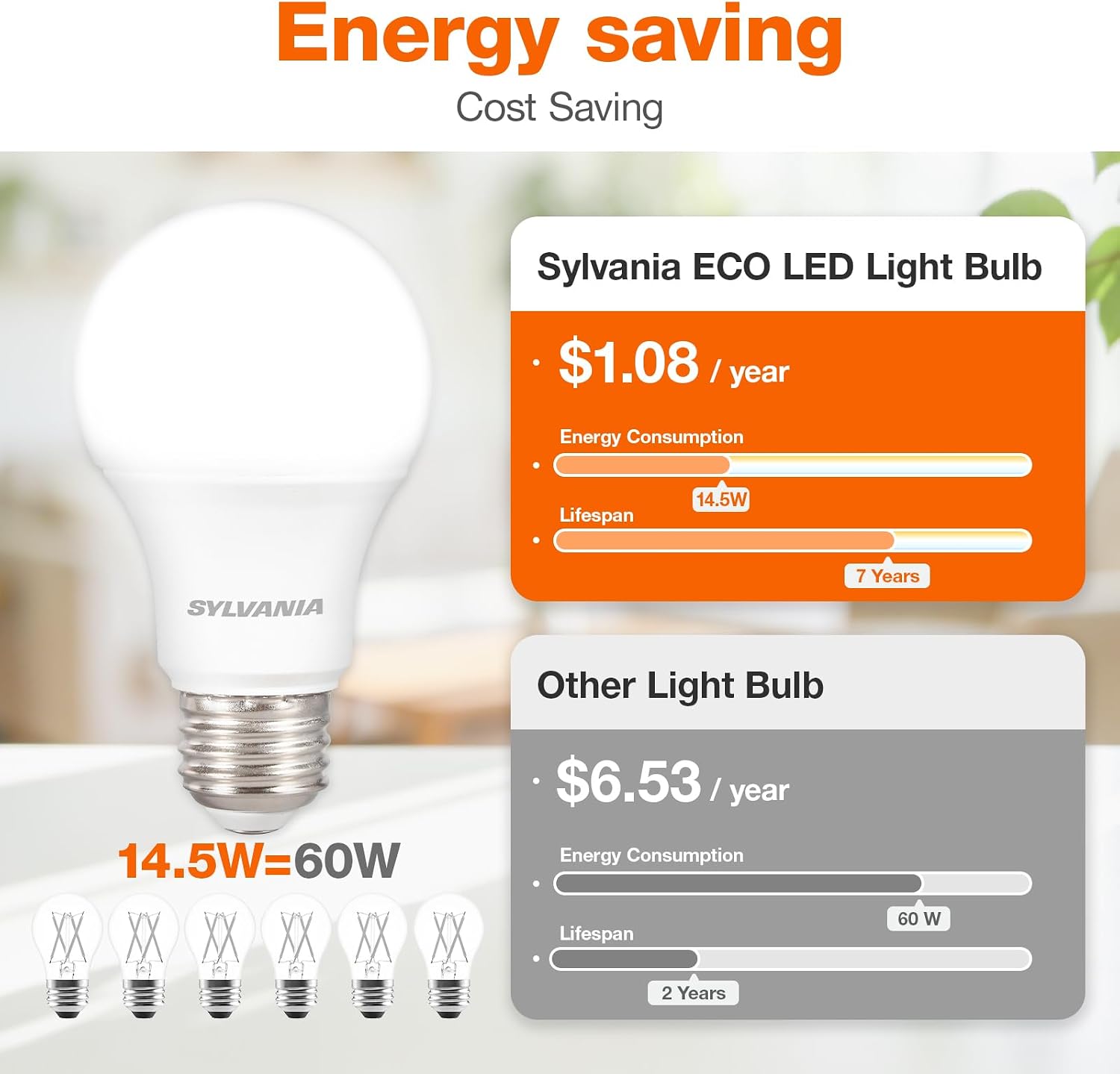 Sylvania ECO LED Light Bulb, A19, 100W Equivalent, Efficient 14.5W, 7 Year, 1450 Lumens, Frosted, 5000K, Daylight - 6 Pack (40884)