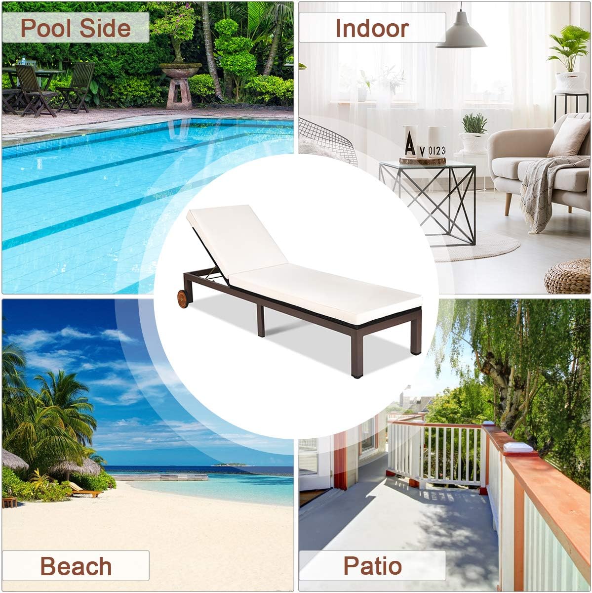 Tangkula Patio Chaise Lounge Chair, Outdoor Rattan Lounger Recliner Chair with Wheels, Wicker Chaise Chair W/Cushioned Seating