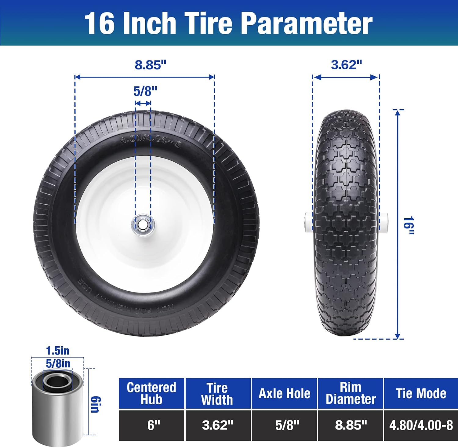 16" 4.80/4.00-8 Flat Free Solid Polyurethane Tire and Wheel with 2Pcs 3/4" Bearing, 1 Pack PU Airless Tires with 5/8" Ball Bearings 6" Iron Hub for Hand Truck/Tool Cart/Garden Carts, 1 Pc