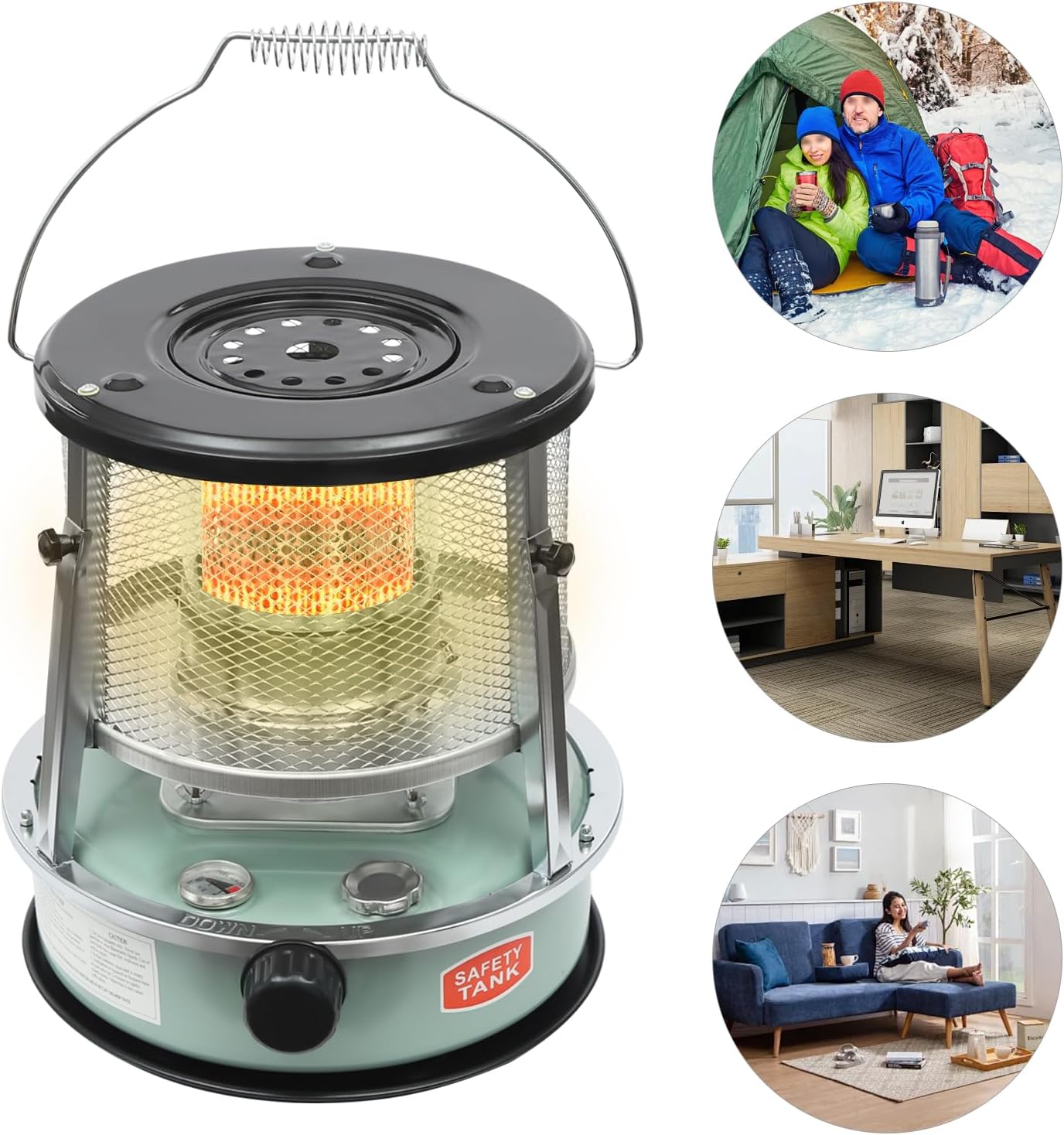 Portable Kerosene Heater, Adjustable Height 4.6L Tank 15-17 Hours Heat 2.6KW 9000 BTU Output for Garage Camping Emergency (Green) kerosene heater