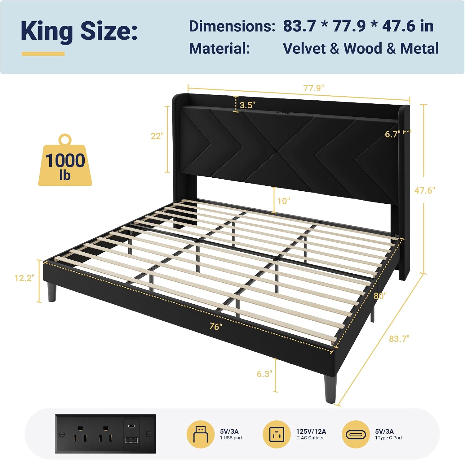 Allewie Full Size Platform Bed Frame with Charging Station and Storage Shelf/Upholstered Velvet Wingback Headboard/Wooden Slats Support/No Box Spring Needed/Easy Assembly, White