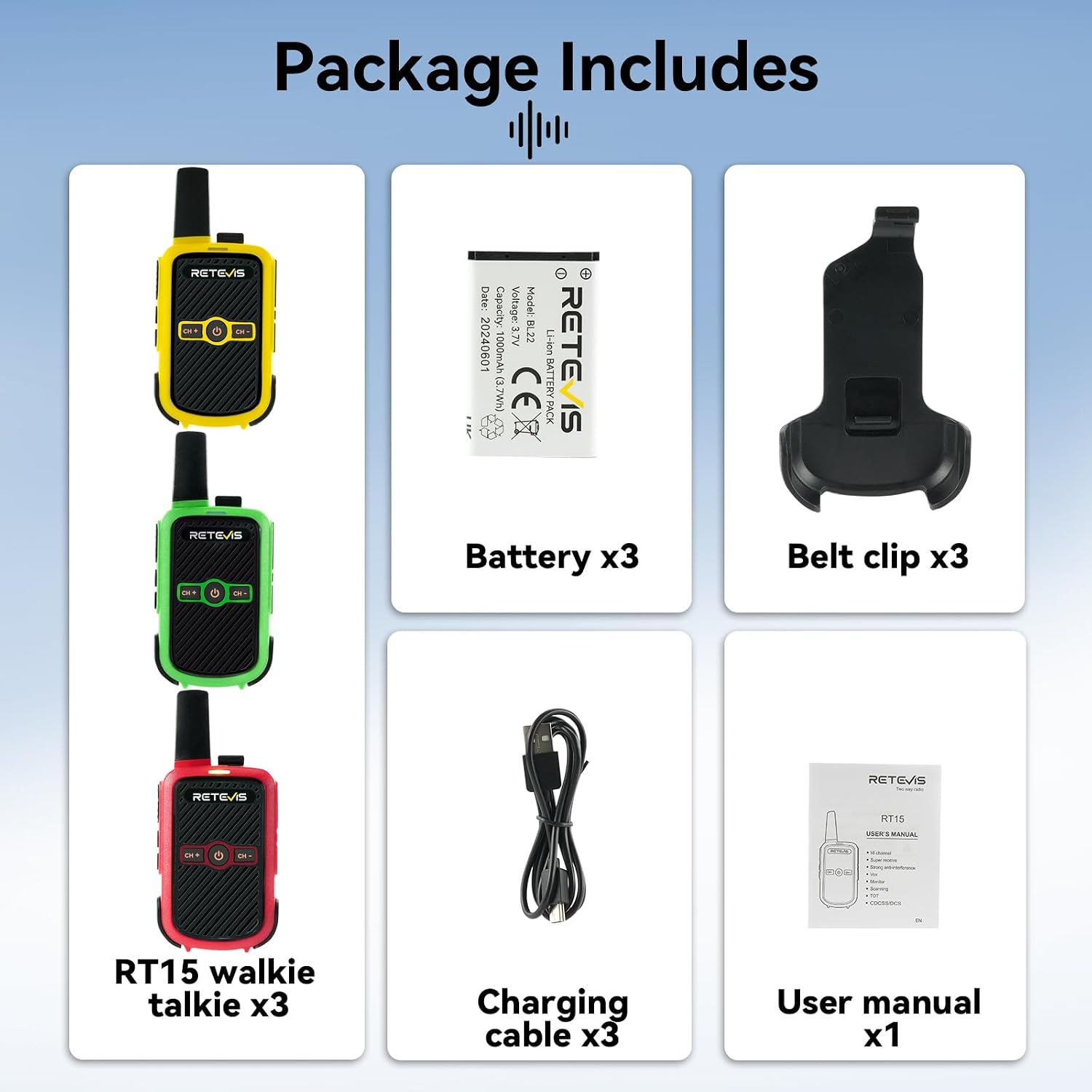 Retevis RT15 Walkie Talkies 3 Pack, Birthday Gift, Outdoor Adventure Kit | Durable, Lightweight, VOX, Key Lock, Mini Walkie Talkies for Adults, School Family Outdoor Travel Camping Hiking