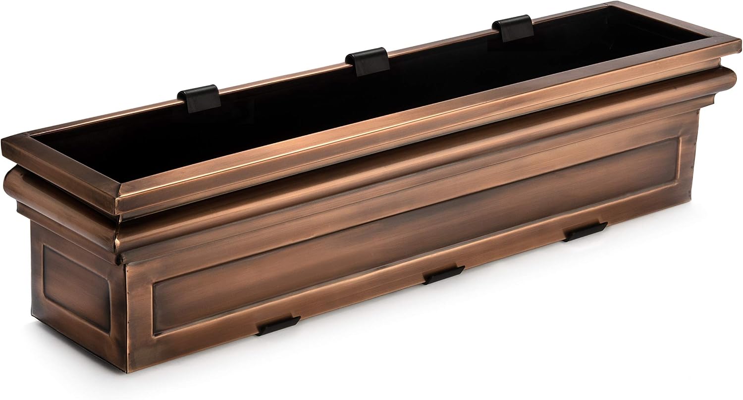 H Potter 36" Copper Finish Window Box Planter with Iron Brackets | Metal Outdoor Flower Box, Flat Back Design, Garden Accent