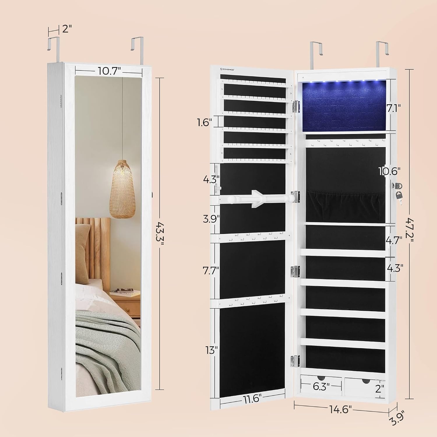SONGMICS 6 LEDs Mirror Jewelry Cabinet, 47.2-Inch Tall Lockable Wall or Door Mounted Jewelry Armoire Organizer with Mirror, 2 Drawers, 3.9 x 14.6 x 47.2 Inches, White UJJC93W