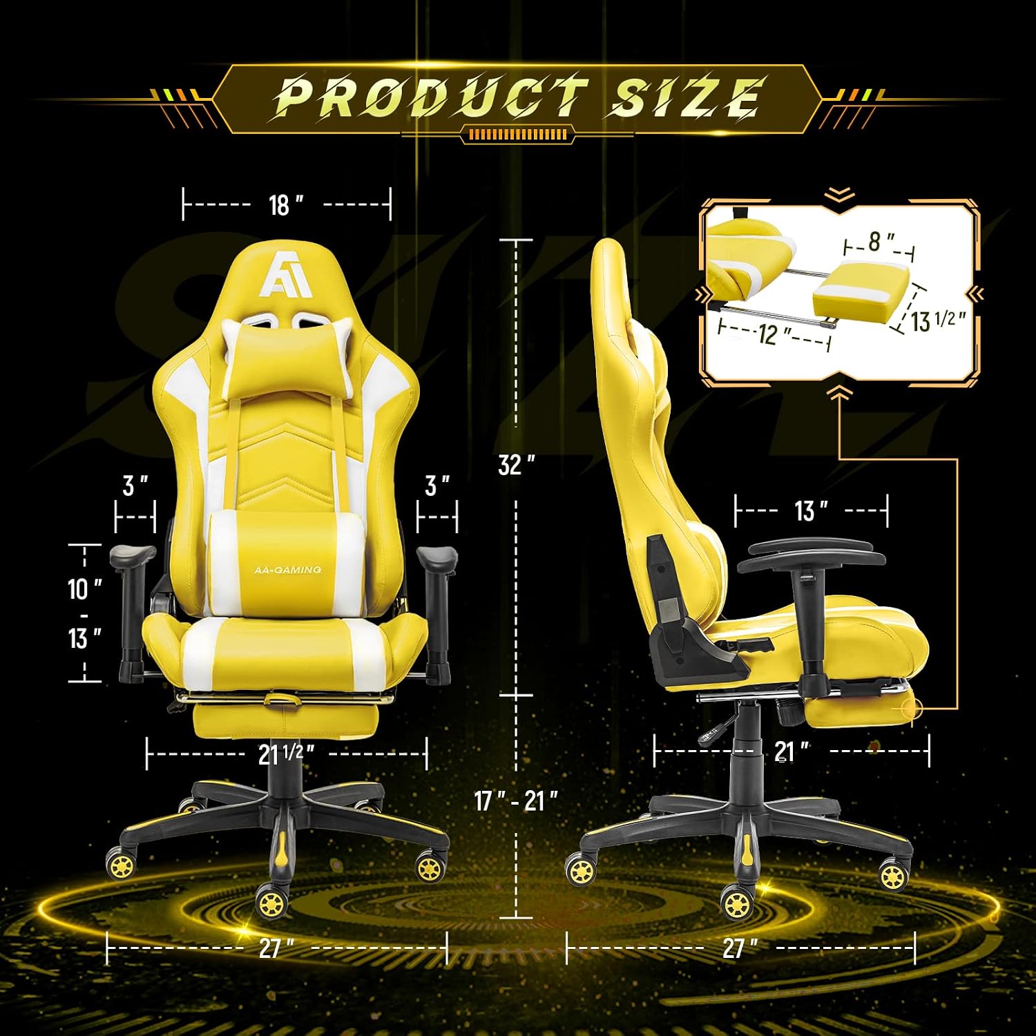 AA Products Gaming Chair Ergonomic High Back Computer Racing Chair Adjustable Office Chair with Footrest, Lumbar Support Swivel Chair - Black