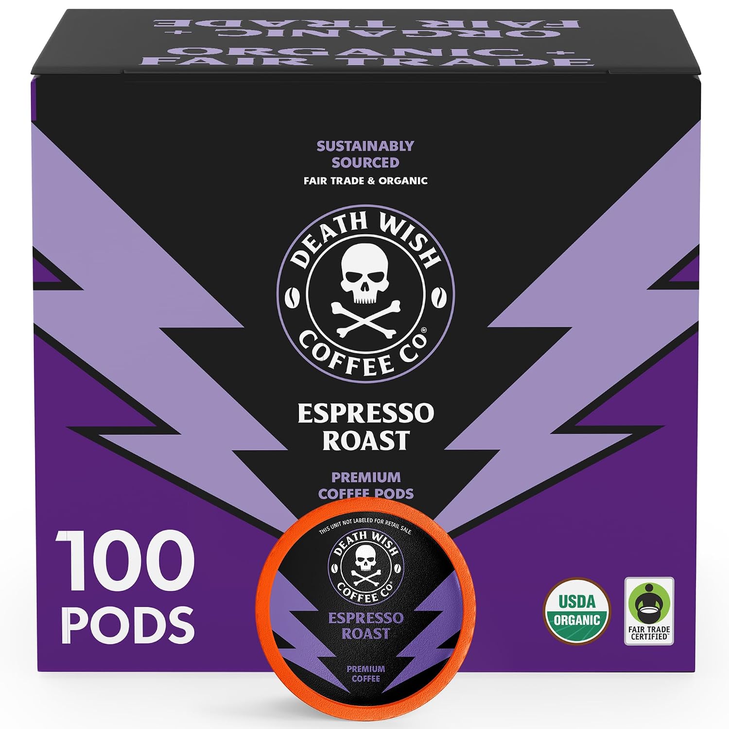 Death Wish Coffee Dark Roast Single Serve Coffee Pods, Organic, 50 Count | Fair Trade Arabica & Robusta, Baker's Chocolate & Cherry Notes, Low Acidity, Heavy Smooth Body, Bold & Intense