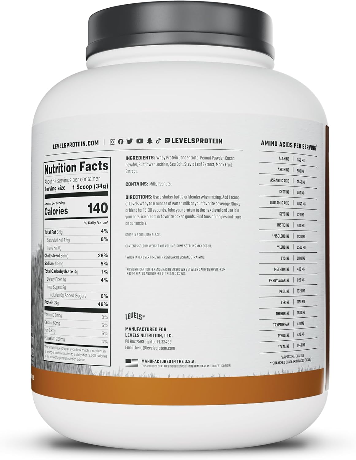 Levels Whey Protein Powder, No Artificial Ingredients, Pure Chocolate, 5LB | 24G of Protein, 5.4G BCAAs, Clean Ingredients, Hormone Free Dairy, No Fillers, No Added Sugar, No Junk