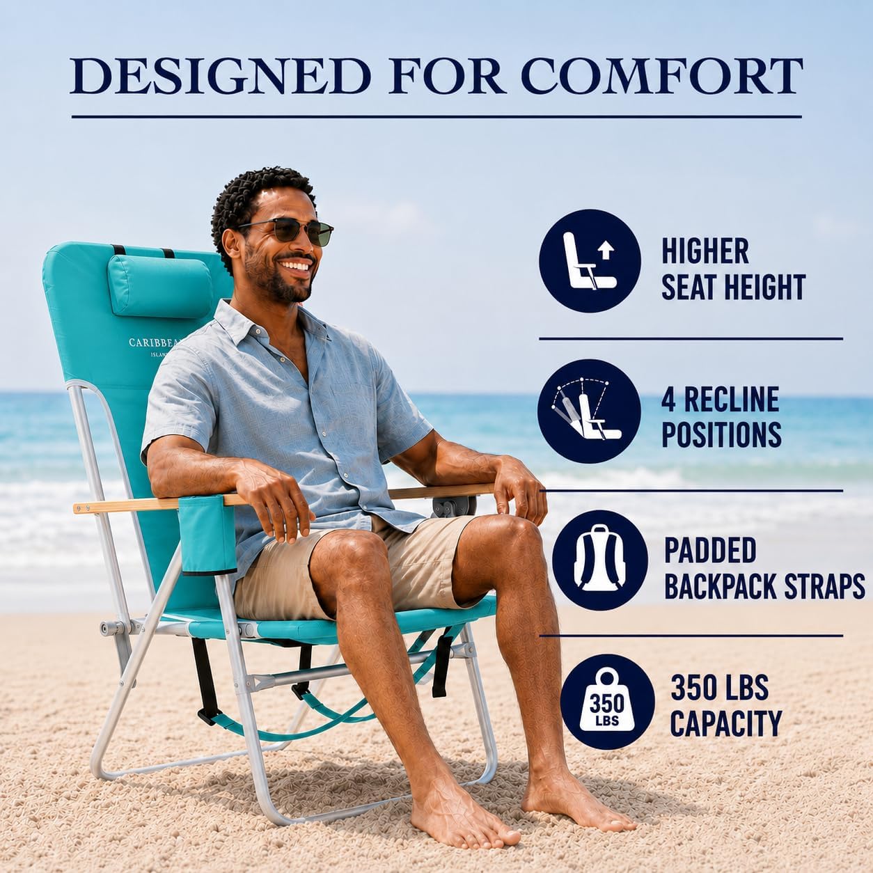 CARIBBEAN JOE Folding Beach Chair, 4 Position Portable Backpack Foldable Camping Chair with Headrest, Cup Holder, and Wooden Armrests