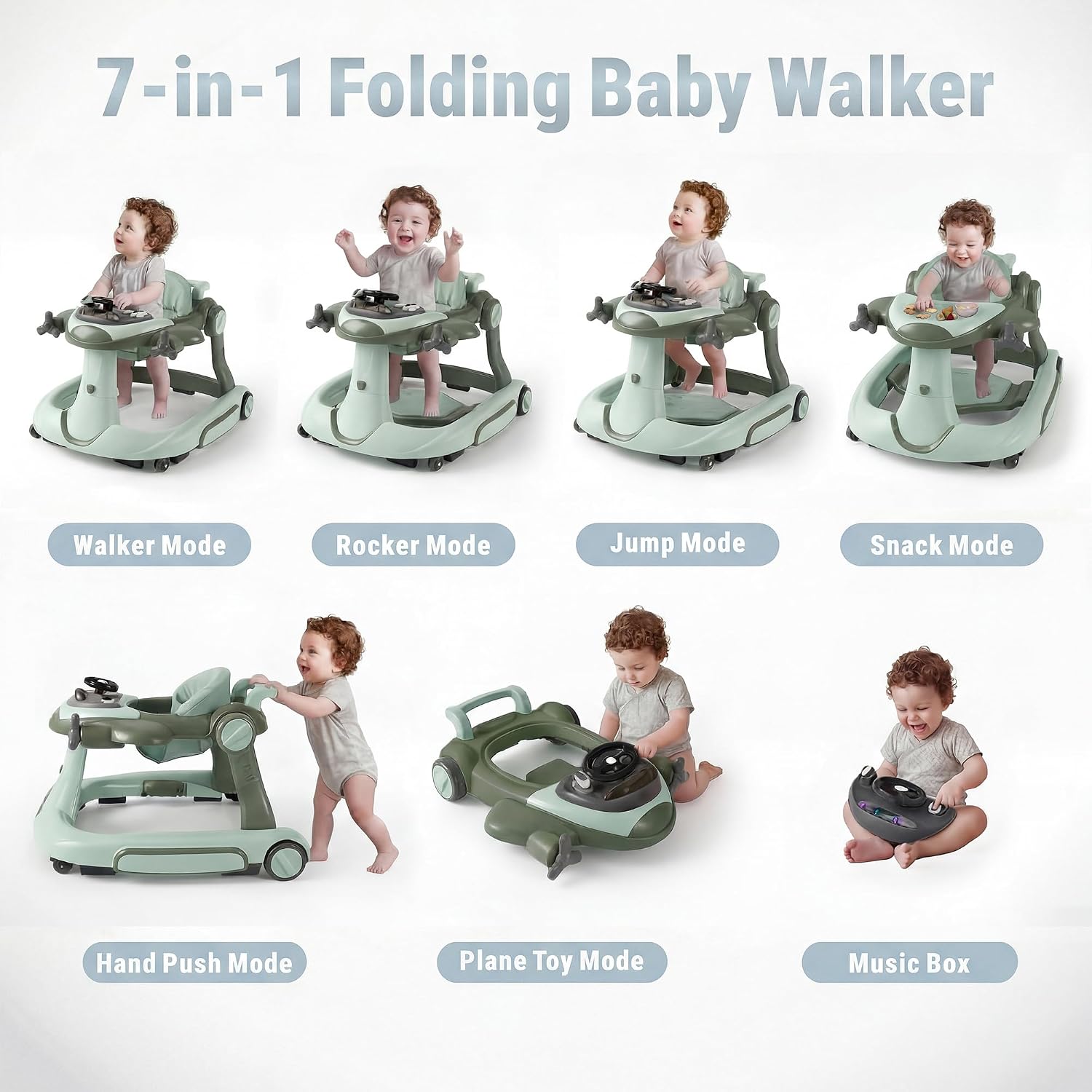 7 in 1 Foldable Baby Walker, Rock/Push Mode/Activity Center, Green | Adjustable Height & Speed, Music, Lights, Footrest, Detachable Play Toy Panel, Walker with Wheels for Infants 7-18 Months