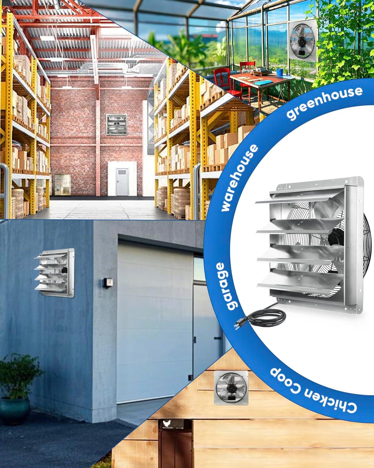KEN BROWN 12 Inch Shutter Exhaust Fan Wall Mounted, Aluminum with 1.65 Meters Power Cord Kit, High Speed 1450CFM, Vent fan for Commercial, Greenhouse