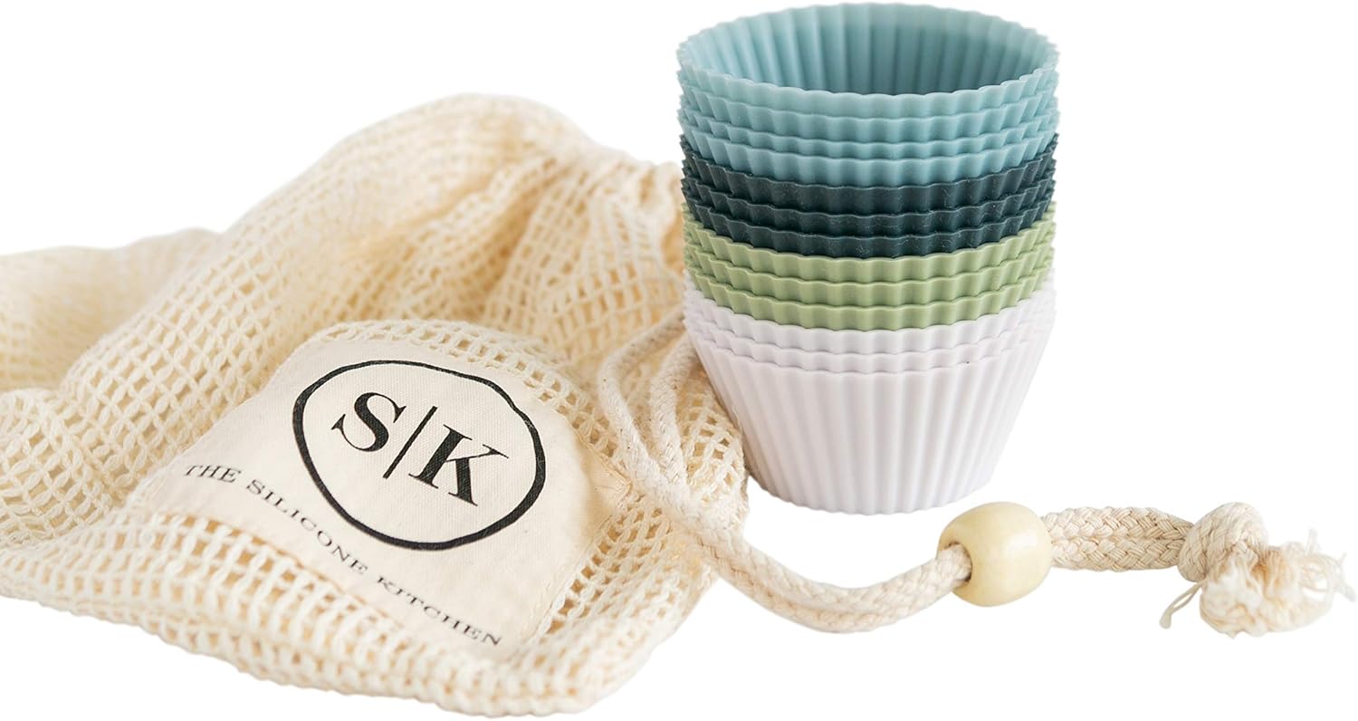 The Silicone Kitchen Reusable JUMBO Silicone Baking Cup, Non-Toxic, BPA Free, Dishwasher Safe, Jumbo, 12 Pack, White Blue Green
