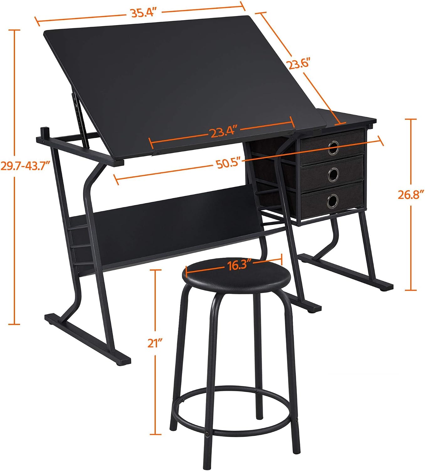 Topeakmart Height Adjustable Drafting Table Art Craft Desk Work Station Hobby Design Studio Tiltable Tabletop Drawing Desk with Stool & Storage