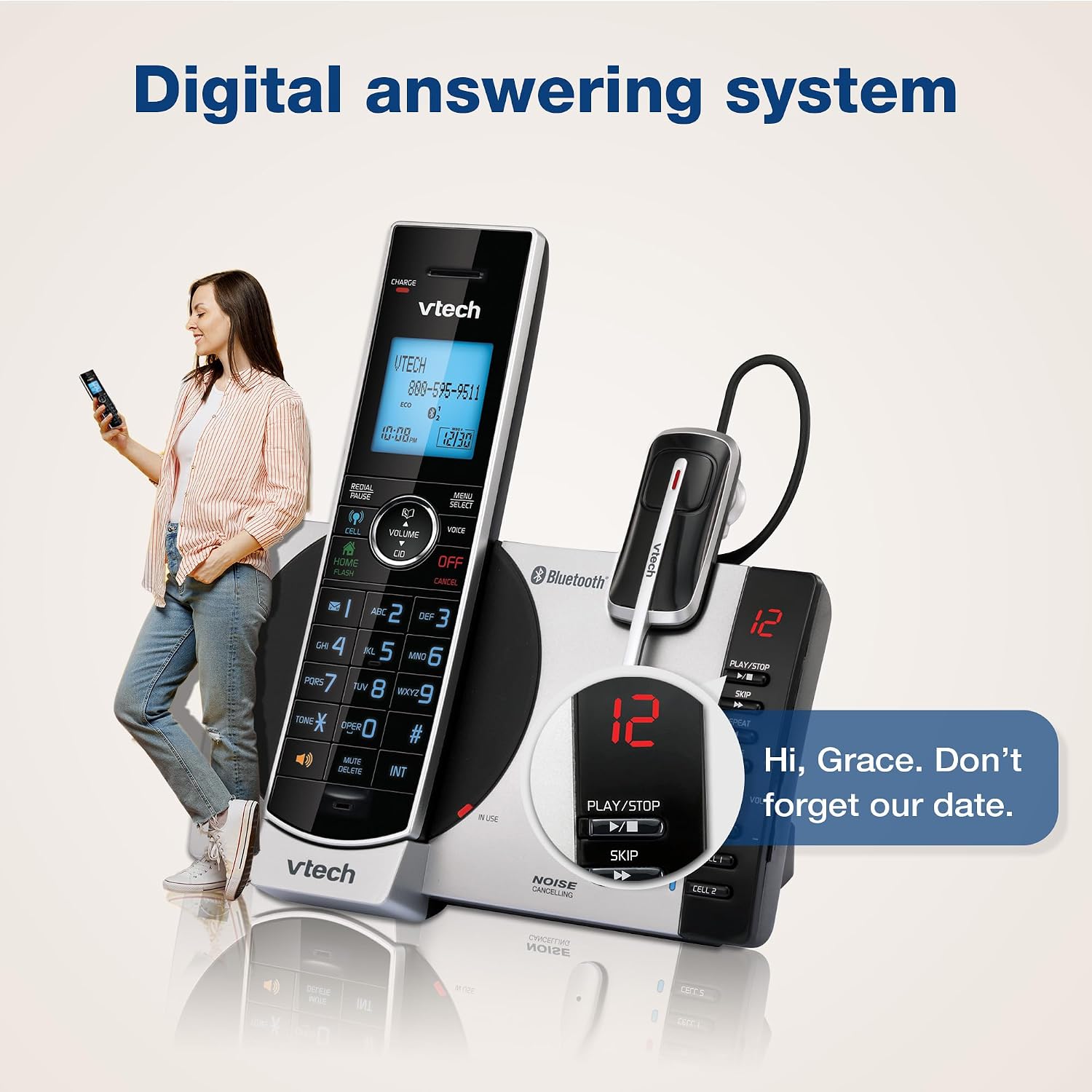VTech DS6771-3 Connect to Cell, Cordless Phone with Answering Machine, DECT 6.0 Headset+2 Handset Intercom, Bluetooth, Caller ID/Call Waiting, Expandable System - Silver/Black