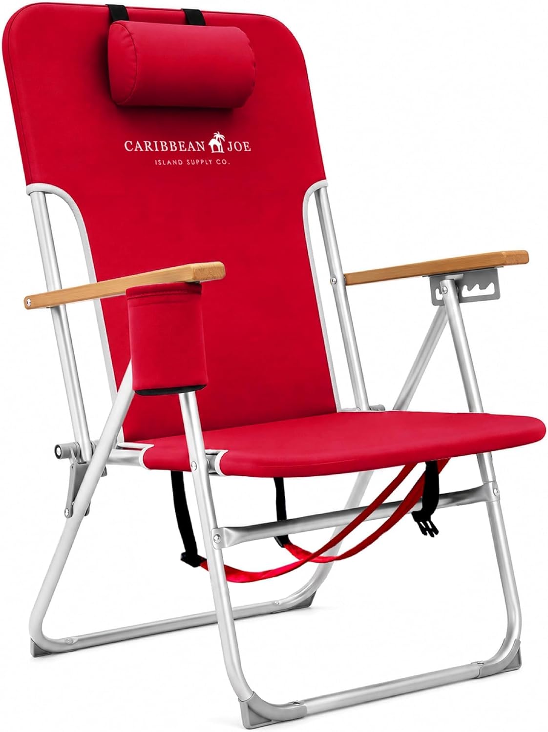 CARIBBEAN JOE Folding Beach Chair, 4 Position Portable Backpack Foldable Camping Chair with Headrest, Cup Holder, and Wooden Armrests