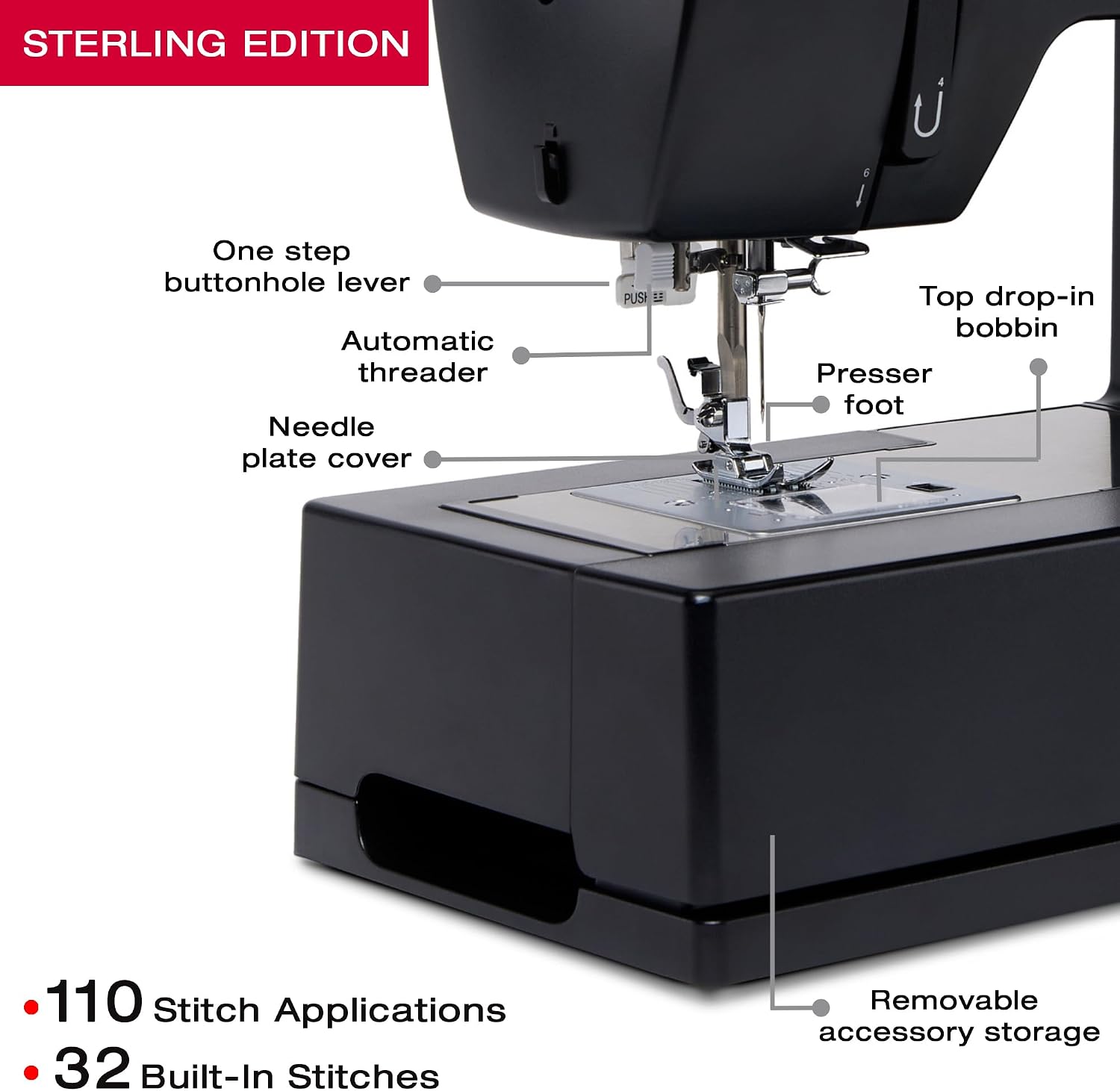 SINGER® 4432 (Grey) High Speed Heavy Duty Sewing Machine + Accessory Kit | 32 stitches deliver 110 applications, 50% more power for thick fabrics, 1100 per minute capacity, 1-step buttonhole design