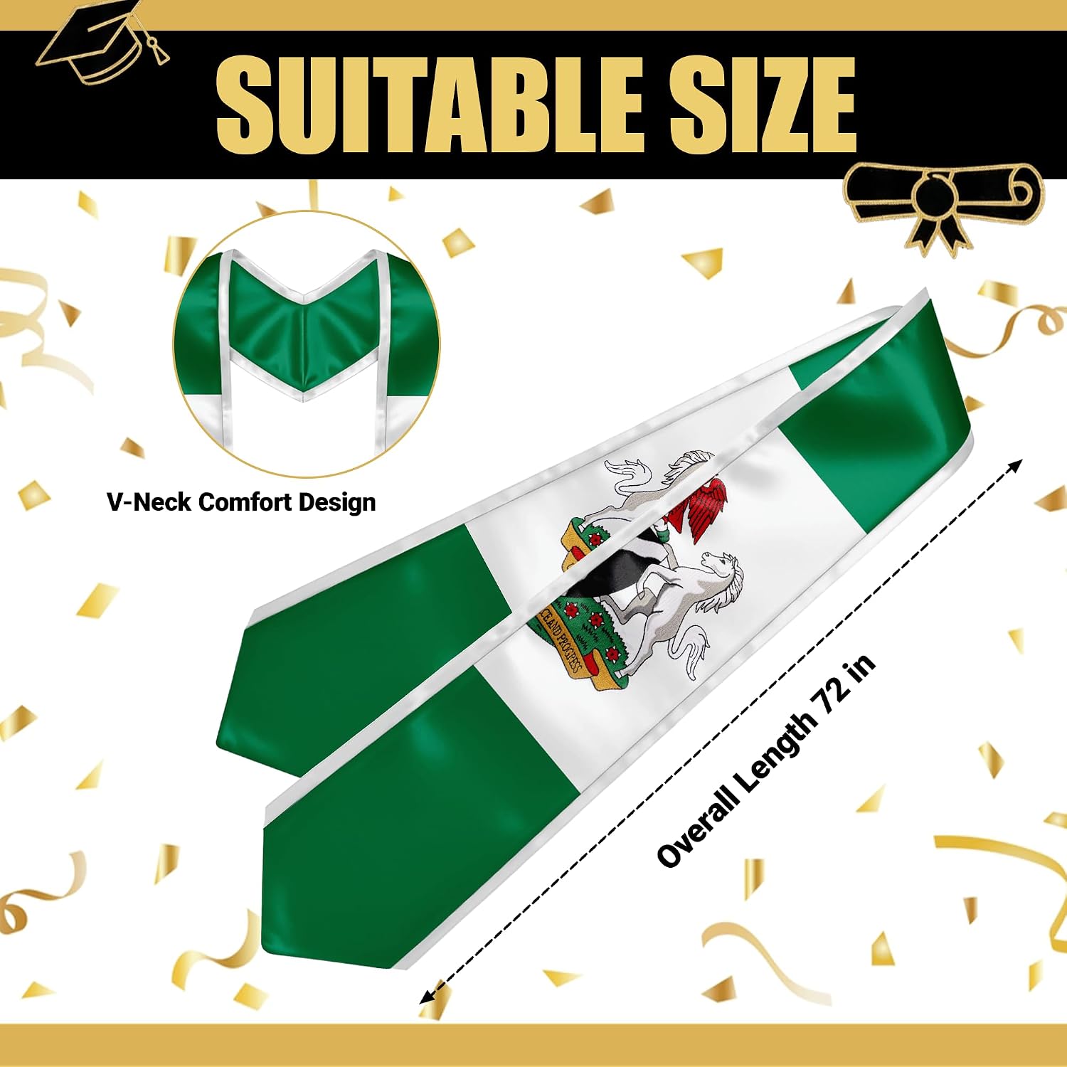 YOXEULL National Flag Embroidered Graduation Stole with Trim, Graduation Sash Graduates Gift, 72"