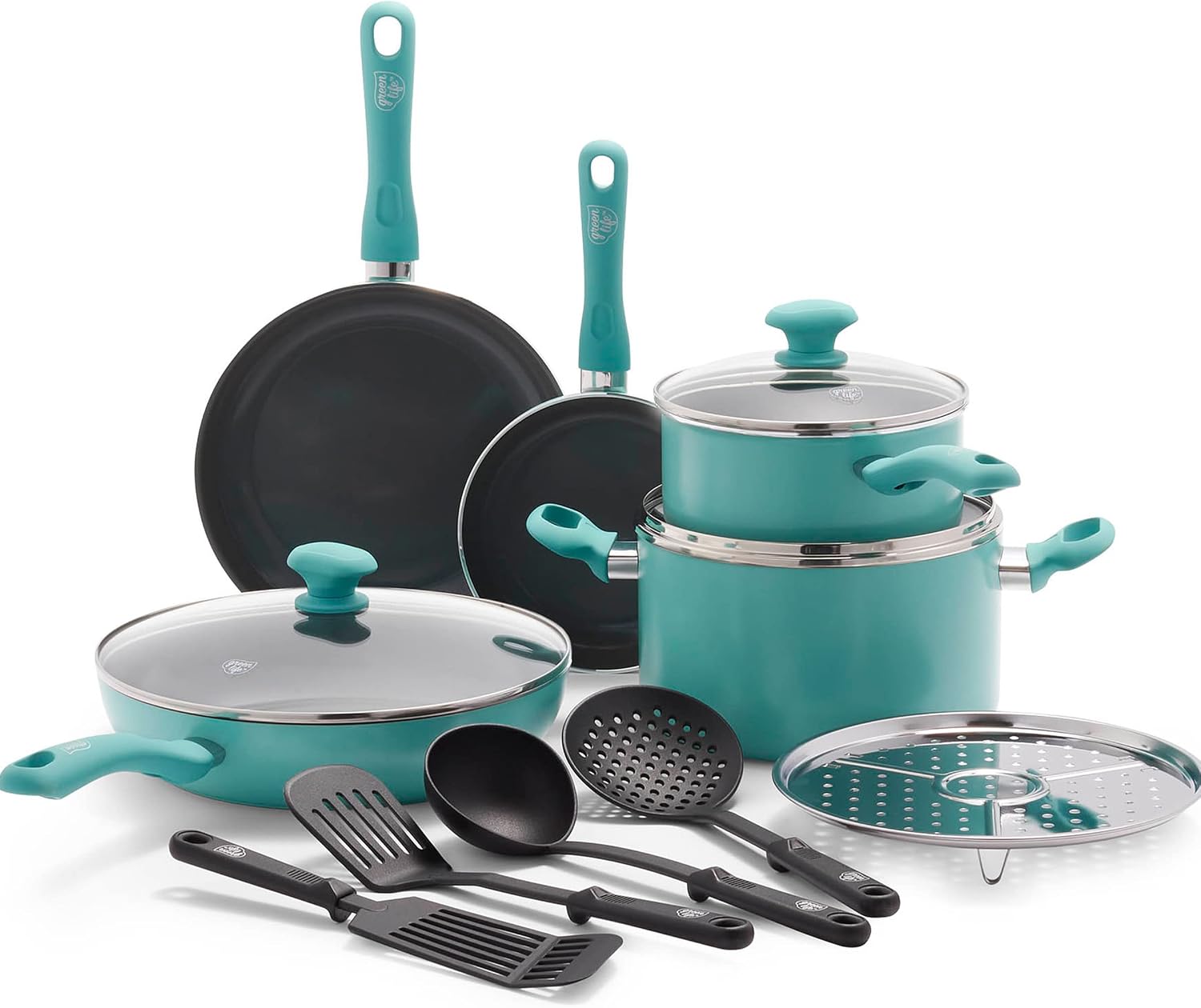 GreenLife Soft Grip Healthy Ceramic Nonstick, 15 Piece Cookware Pots and Pans Set, Induction, PFAS-Free, Dishwasher Safe, Turquoise