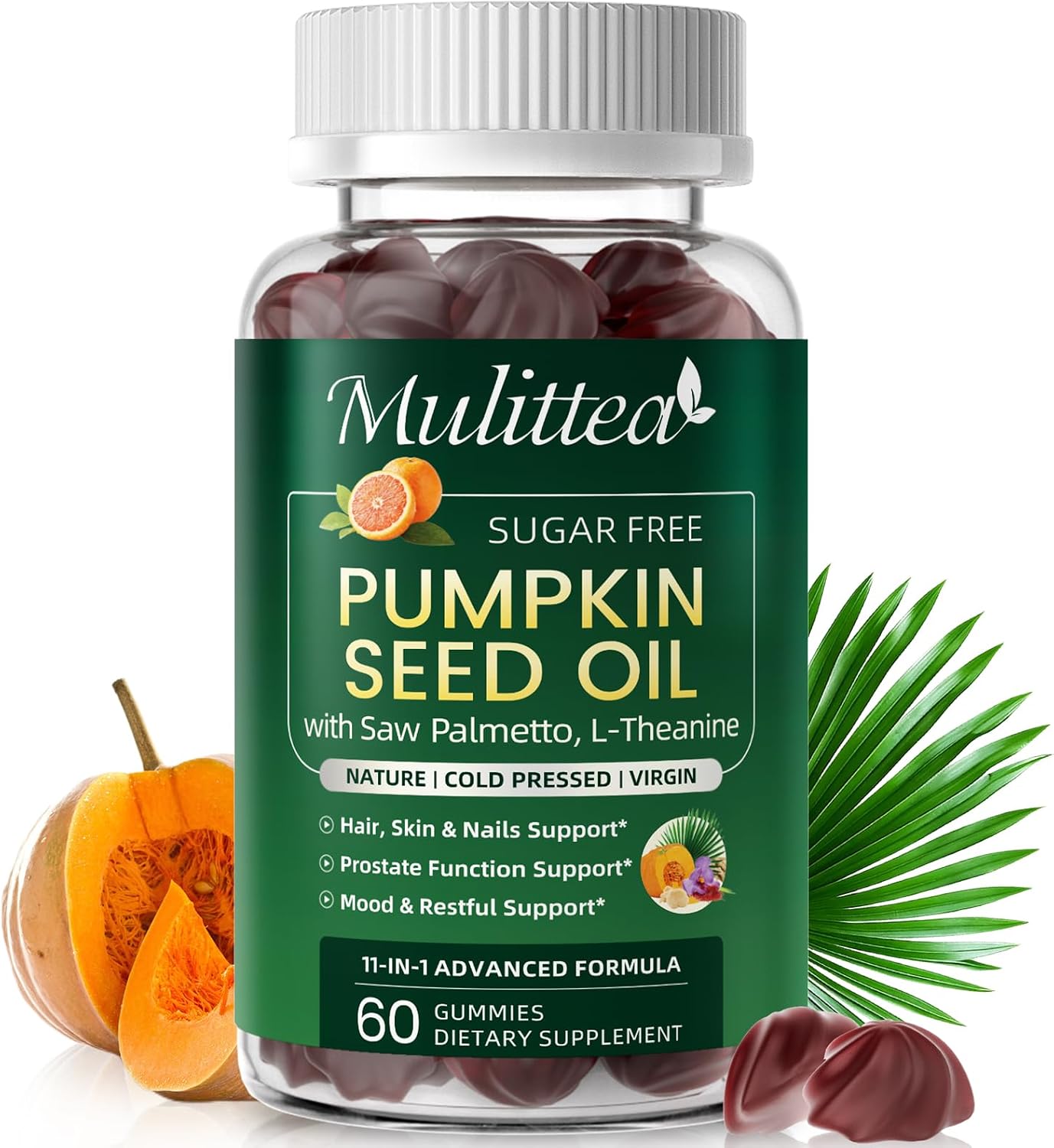 2PK Pumpkin Seed Oil with Saw Palmetto Gummies for Hair & Prostate Support* | 11-in-1 w/ L-Theanine, Ashwagandha & MCT Oil for Mood&Daily Wellness, Essential Fatty Acids&Phytosterols|Non-GMO|Women&Men