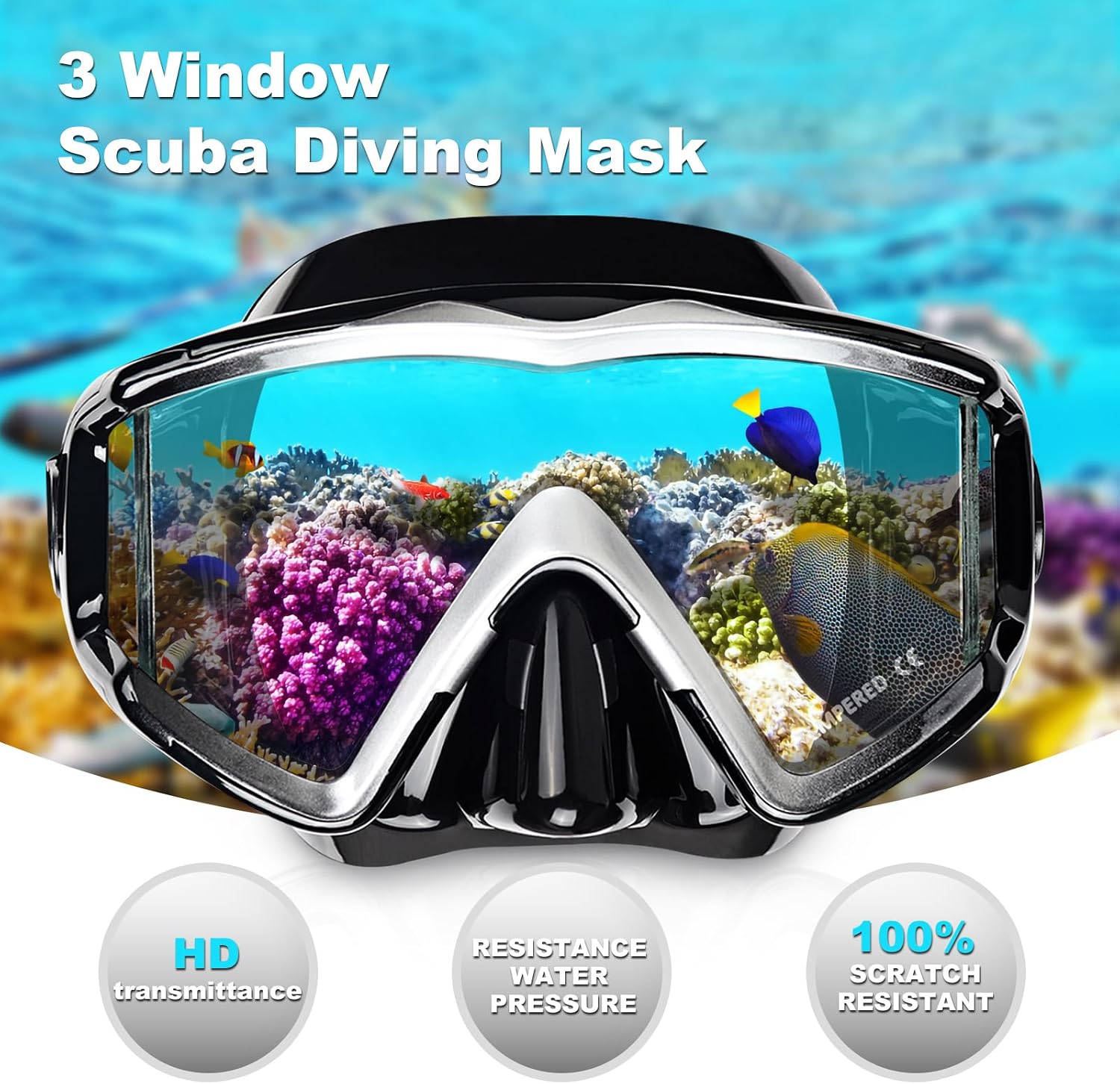 Adult Pano 3 Scuba Diving Mask, Tempered Glass Snorkel Mask Anti-Fog Swim Mask No Leakage Swim Goggles with Nose Cover Snorkeling Gear for Snorkeling