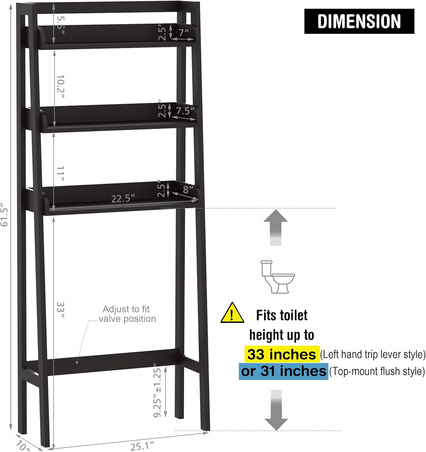 UTEX Over The Toilet Storage Shelf, 3-Tier Bathroom Organizer, White | FSC-Certified MDF, Open Ladder Design, Adjustable Lower Crossbar, Anti-tip Hardware, 33-Inch Clearance, Raised Side Guards