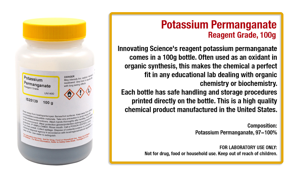 The Innovating Science 100g bottle of potassium permanganate oxidant organic synthesis chemistry lab