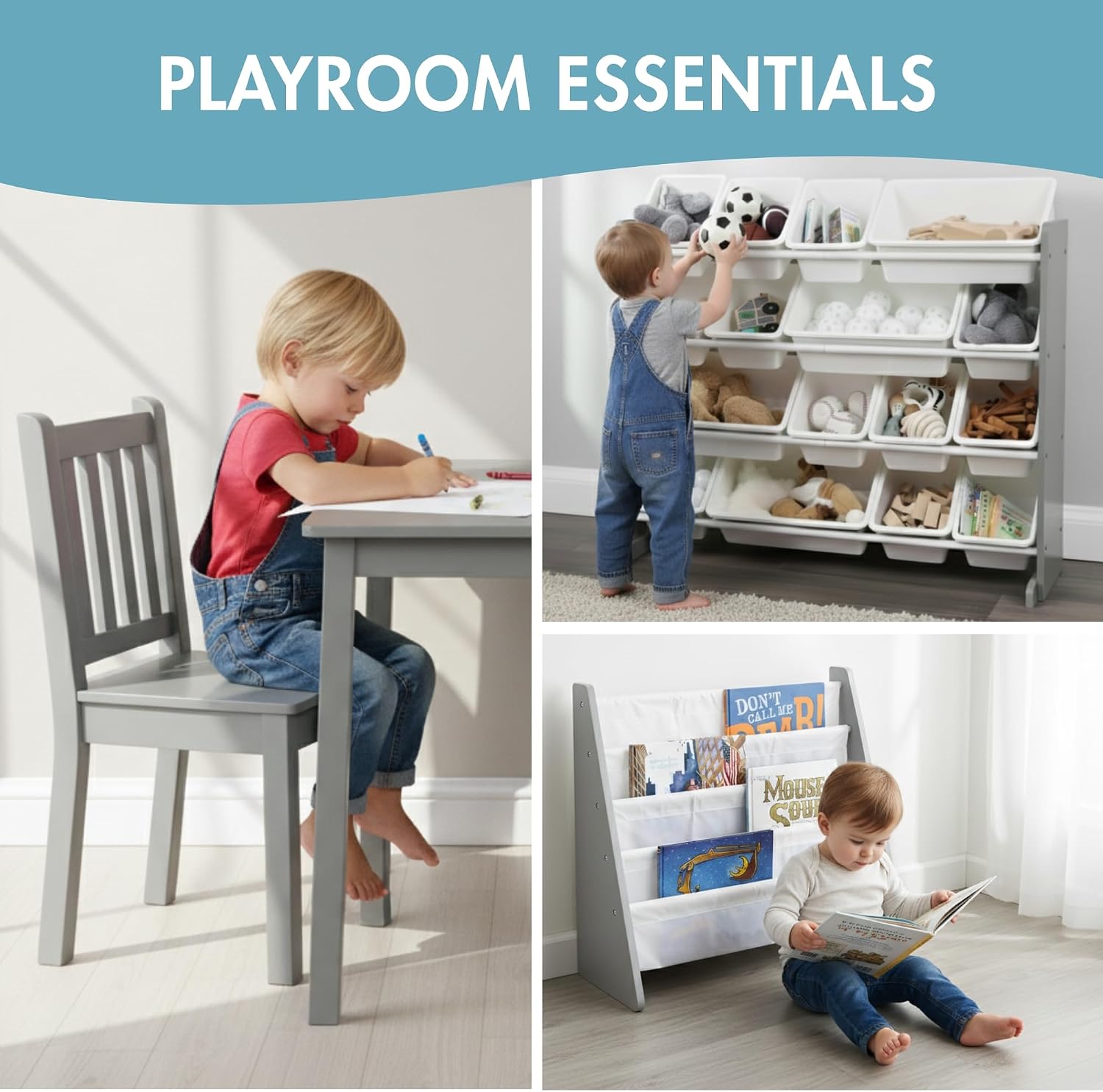 Humble Crew Kids Bookshelf, Montessori Front Facing Toddler Bookcase 4 Tier | Book display rack and reading nook organizer, nylon pockets show covers face out, compact for any playroom or bedroom space