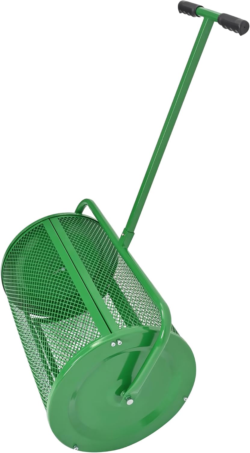 KUAFU 24" Compost Spreader Peat Moss Spreader T-Shaped Handle for Planting | Lawn and Garden Care Manual Spreaders Roller Green Powder Coated Mesh
