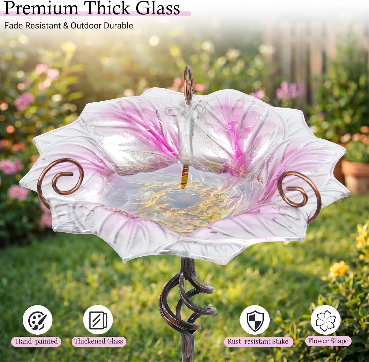VCUTEKA Glass Bird Bath Outdoor Birdfeeder with Metal Stake Garden Decor