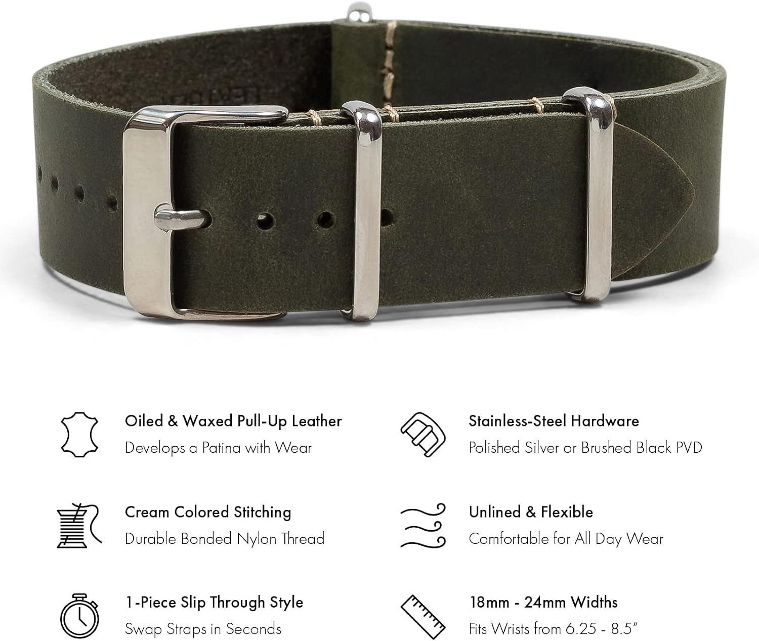 Benchmark Leather Watch Band - Crazy Horse Oiled Leather One-Piece Watch Straps for Men or Women - 18mm, 20mm, 22mm or 24mm Widths