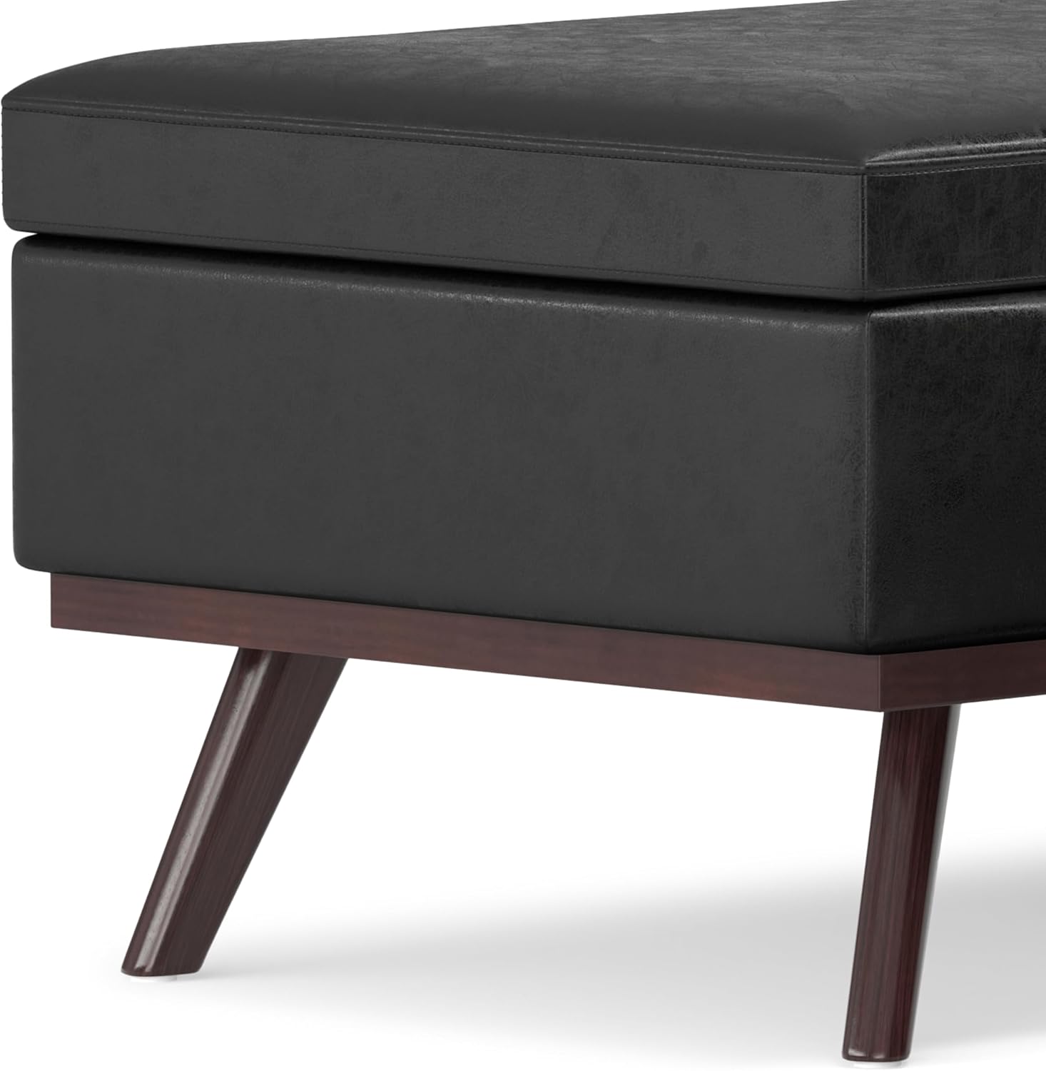 SIMPLIHOME Owen 34" Wide Vegan Leather Lift Top Ottoman in Dark Blue