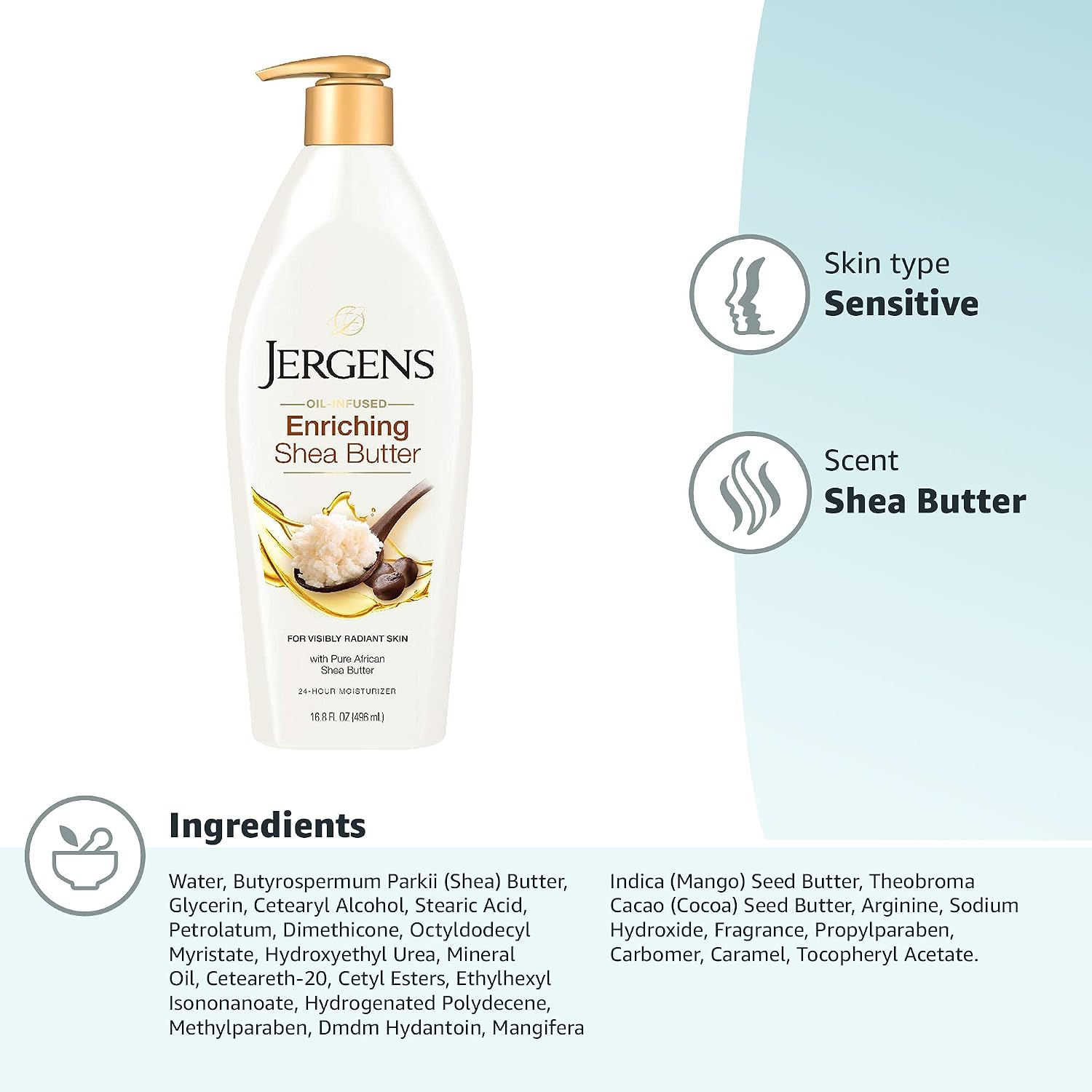 Jergens Shea Butter Body Lotion, Deep Moisturizer for Dry Skin, 16.8 fl oz | Enriching Hand and Body Lotion, Vitamin E, Extremely Dry Skin Relief, 2.5X More Radiant Skin, Deep Conditioning